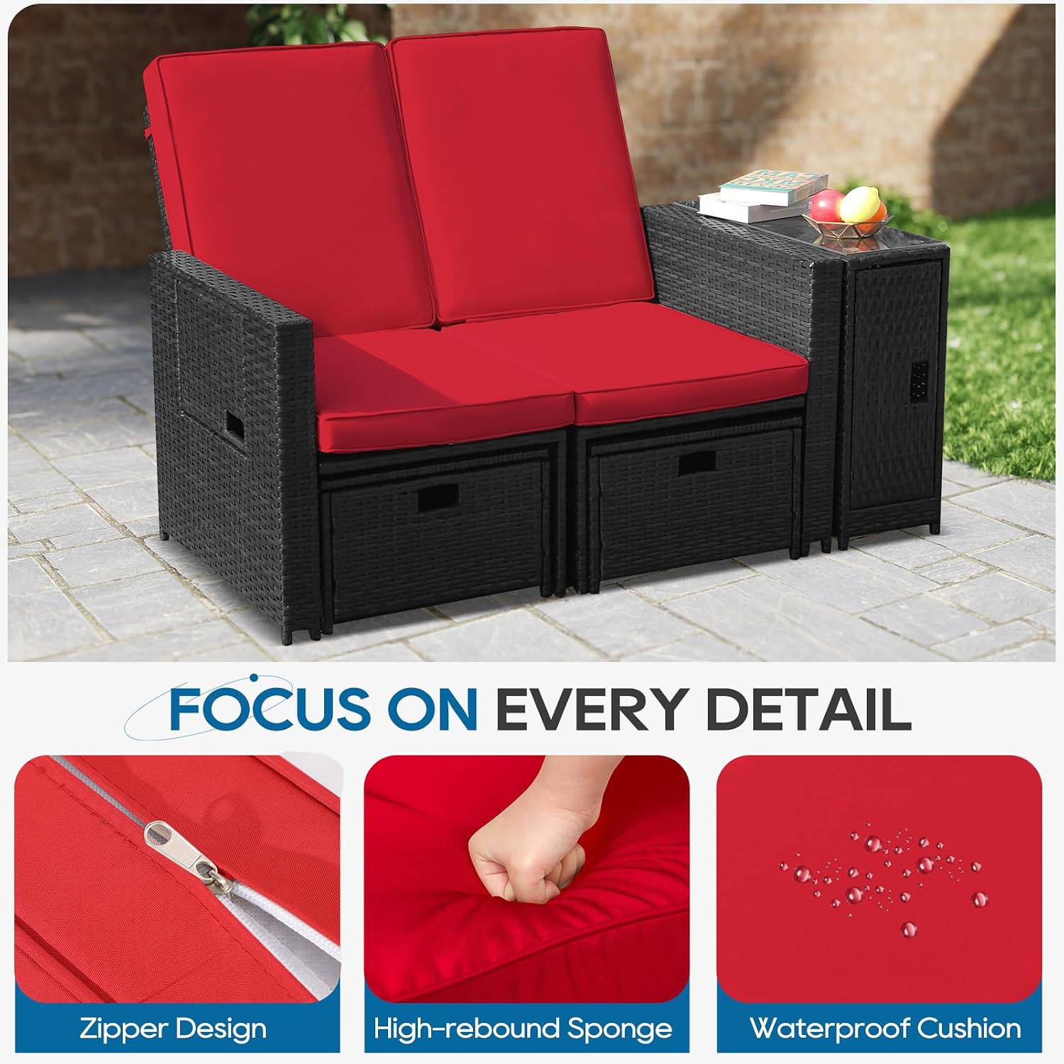 5PCS Outdoor Wicker Chaise Lounge Chair - Rattan Adjustable Reclining Patio Lounge Chair with Ottoman and Coffee Table