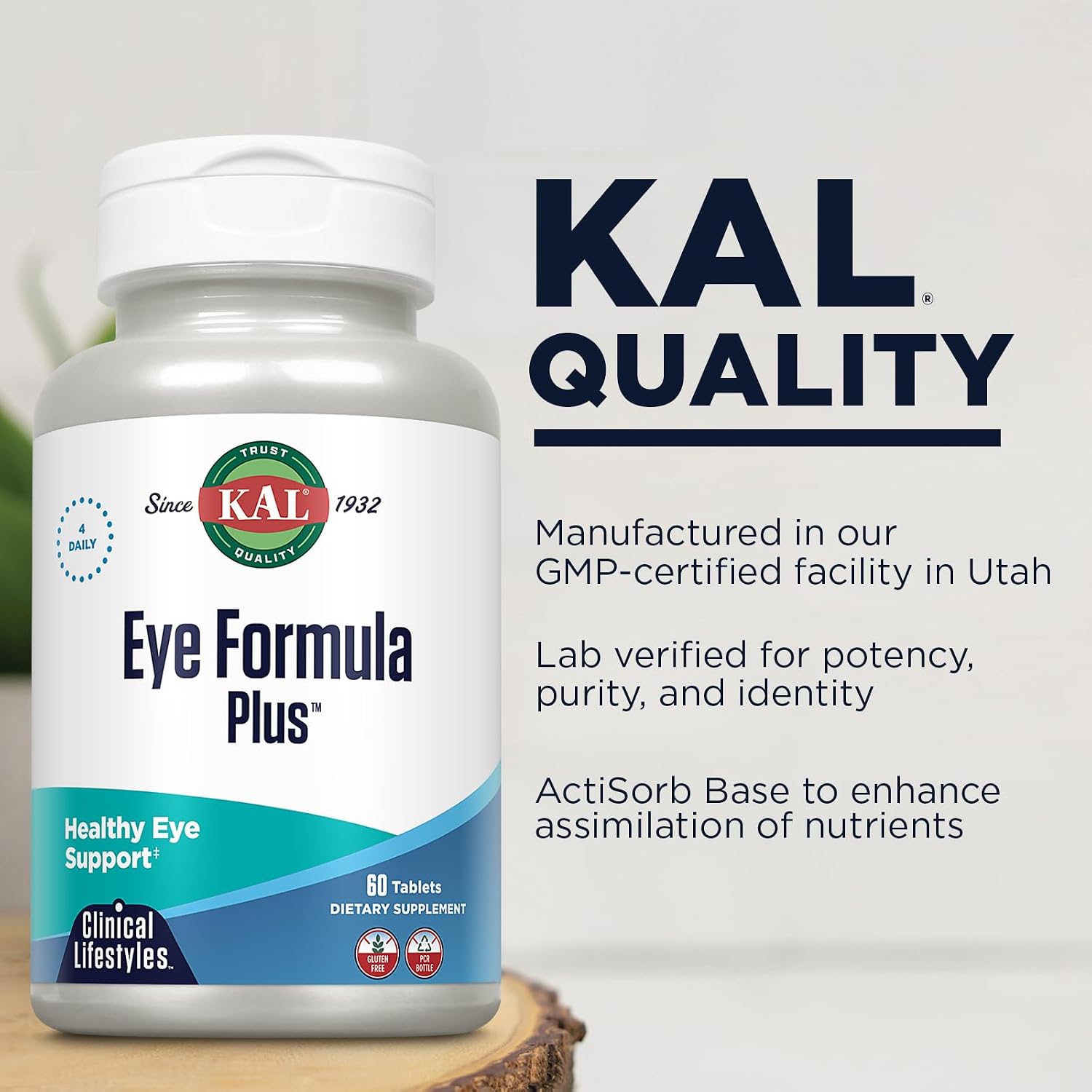 KAL Eye Formula Plus, 60 Tablets | Eye & Vision Support, Lutein, Zeaxanthin, Bilberry & Goji Extracts, 15 Servings, Lab Verified