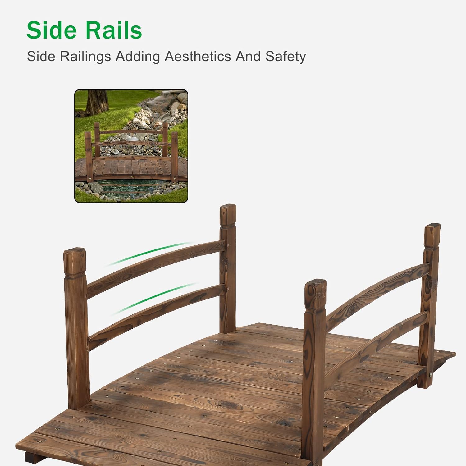VINGLI 5 ft Garden Bridge, Classic Wooden Arch with Safety Rails Stained Finished Footbridge, Decorative Pond Landscaping, Backyard, Creek or Farm