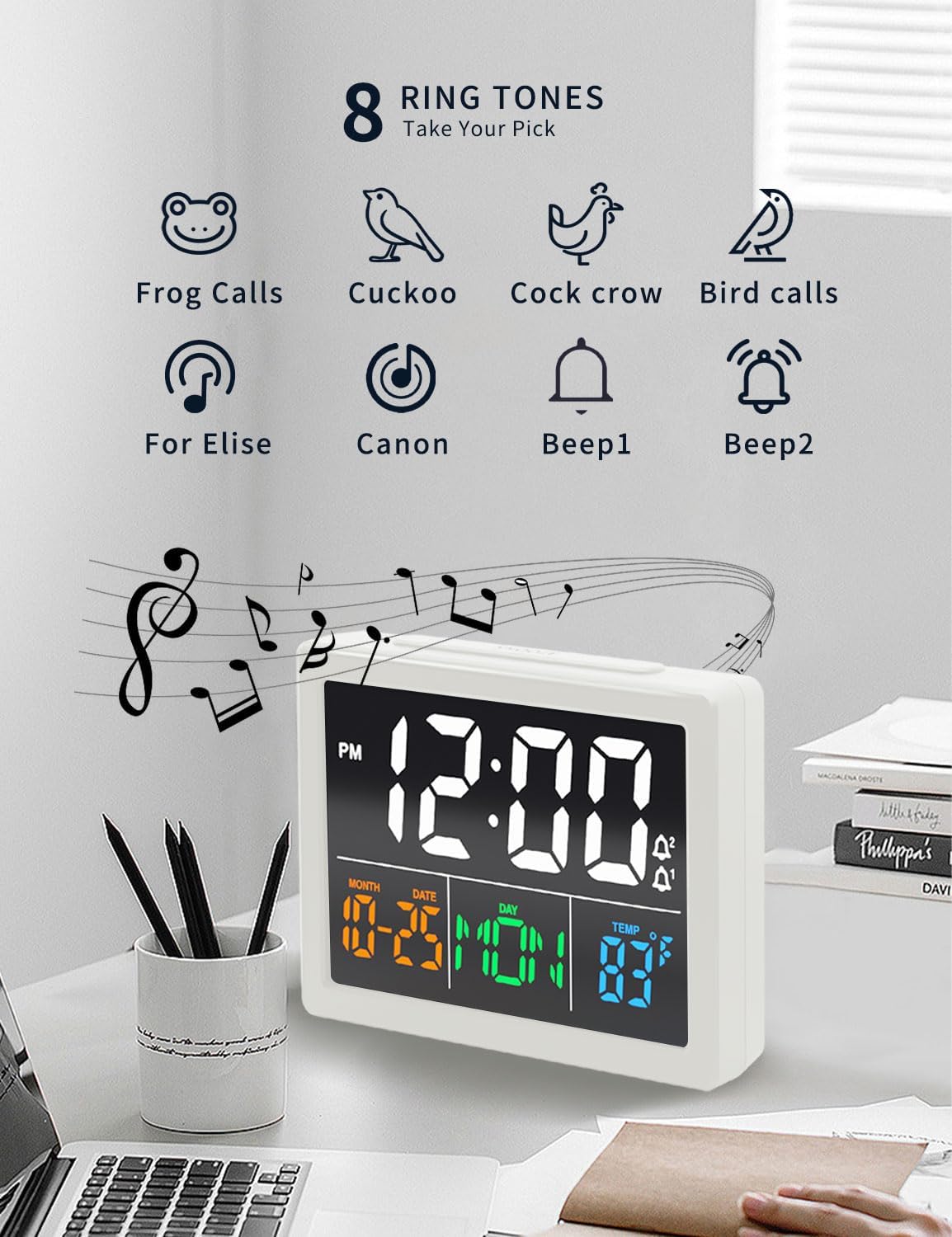 JALL Digital Clock with Date Day for Seniors, Electric Alarm Clocks for Bedrooms with Temperature, 2 Alarms, Dimmer, Dual USB Charger, Battery Backup