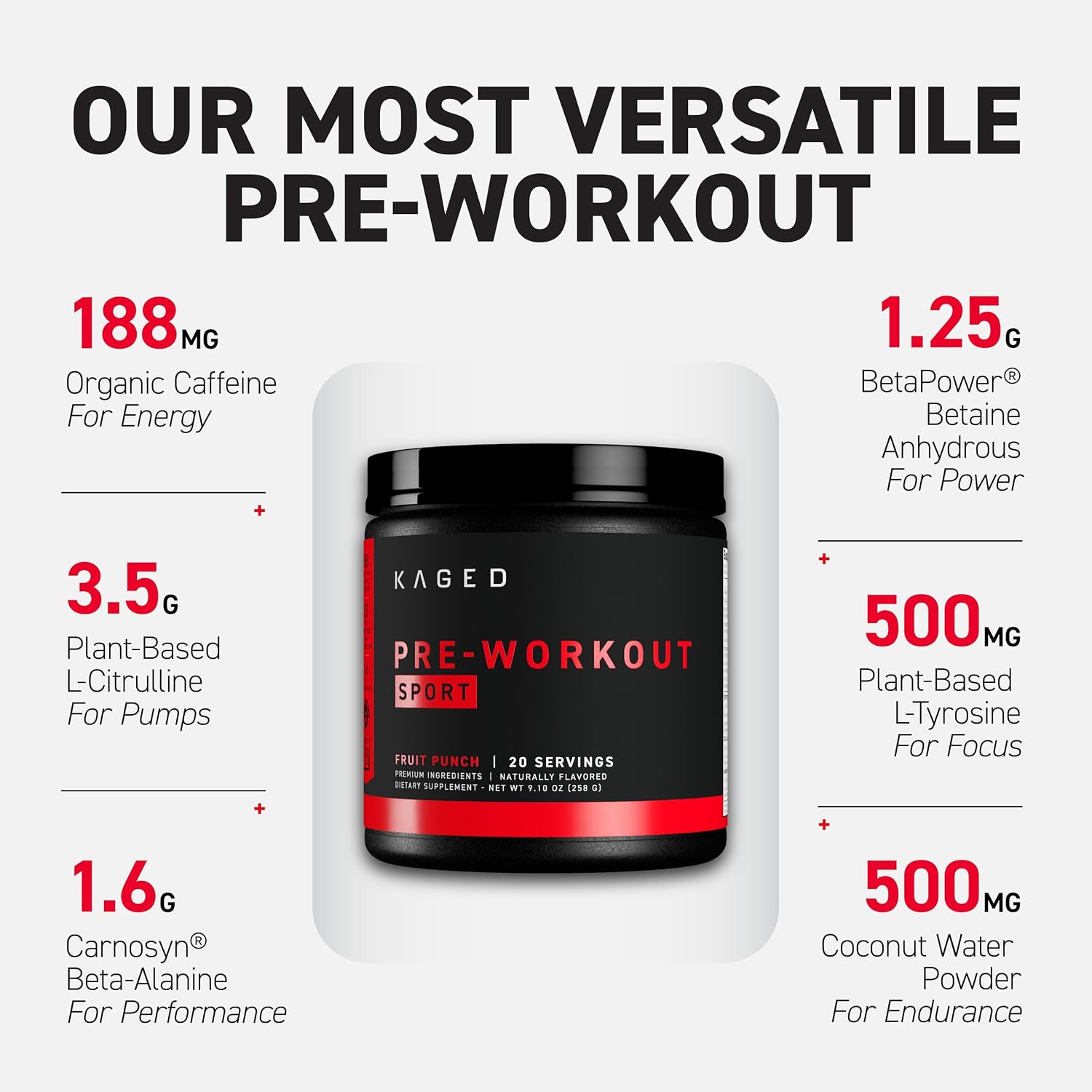 Kaged Sport Pre Workout Powder for Men & Women, Mango Lime, Sport Certified, 188mg Caffeine, Nitric Oxide Supplement, Beta Alanine for Energy