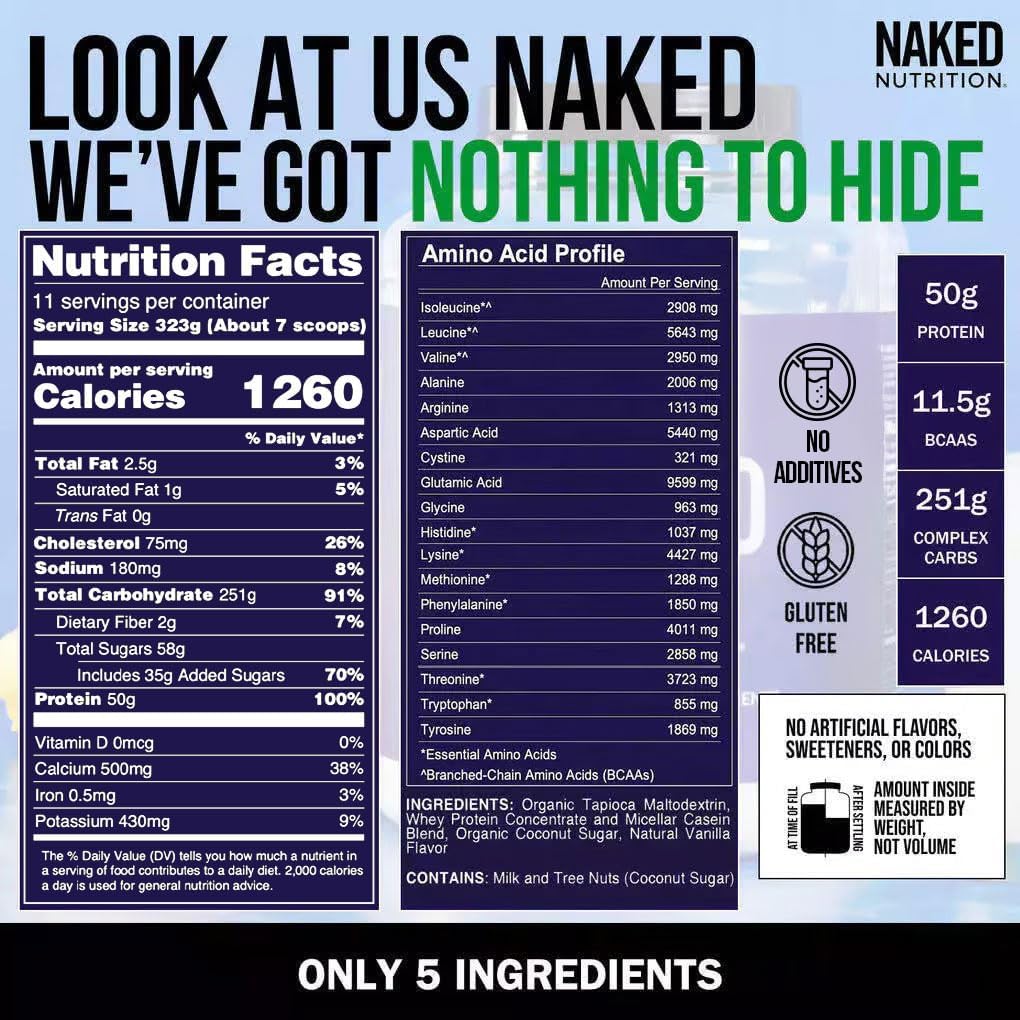NAKED Mass - Natural Weight Gainer Protein Powder - 8 LB Bulk, NSF Certified, GMO Free, Gluten Free & Soy Free. No Artificial Ingredients - 1,250 Calories per Serving