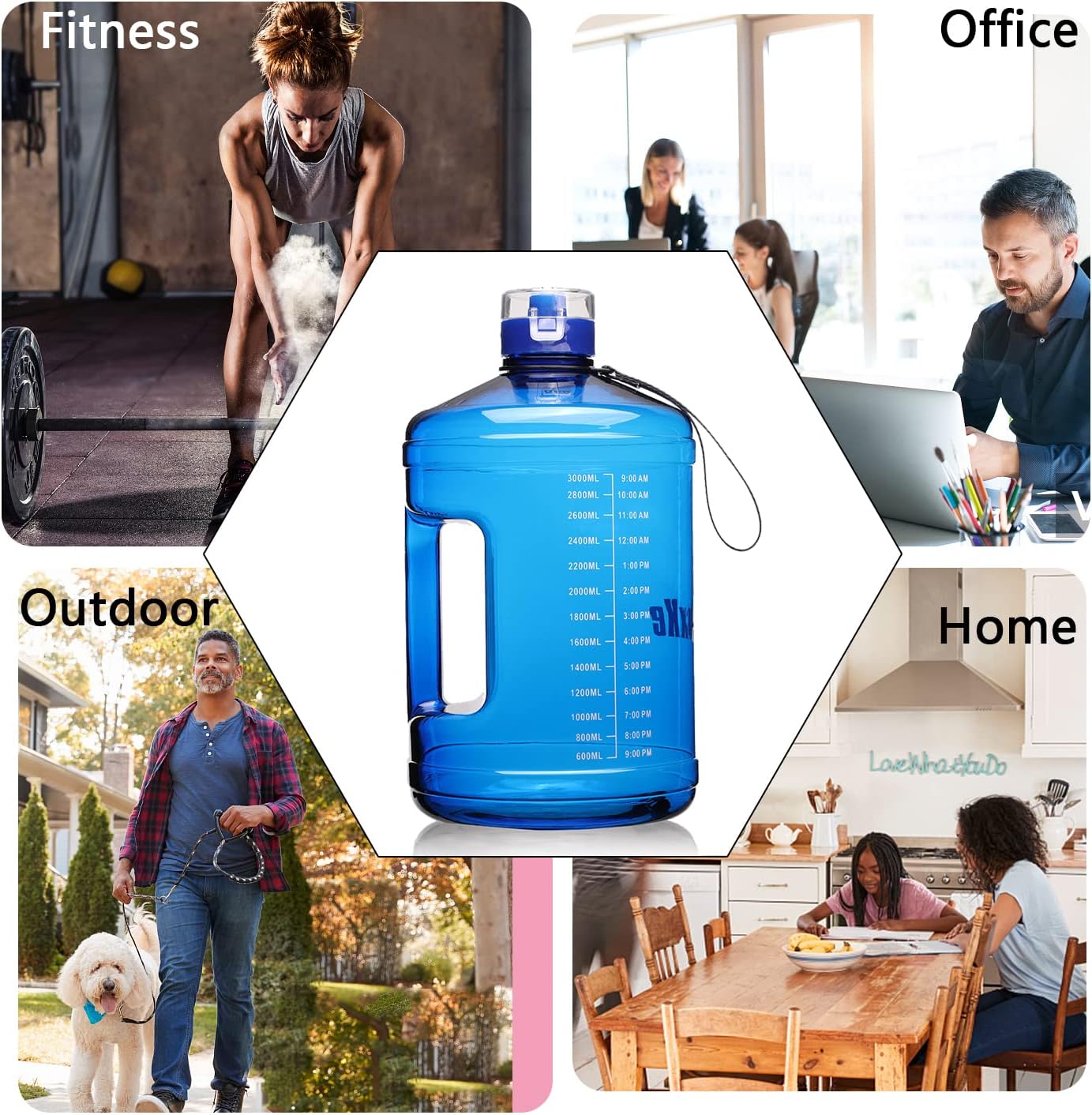 SLUXKE Gallon Big Water Bottle with Handle, 128oz Leakproof BPA Free Fitness Sports Water Bottle with Motivational Time Marker & Wide Mouth Ensure You Drink More Water