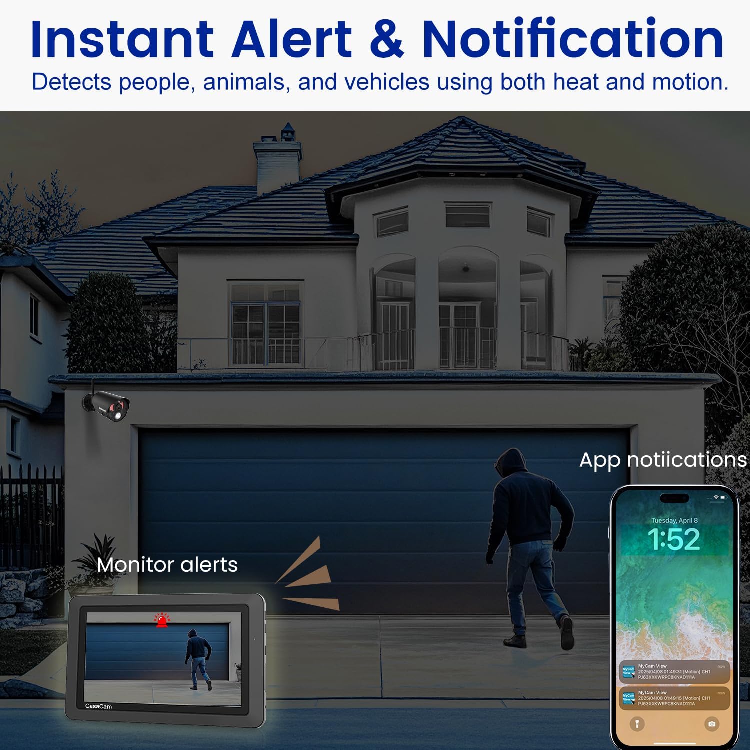 CasaCam Wireless Security Camera Air, 7 inch Monitor, 2 720p Cams, No Fees