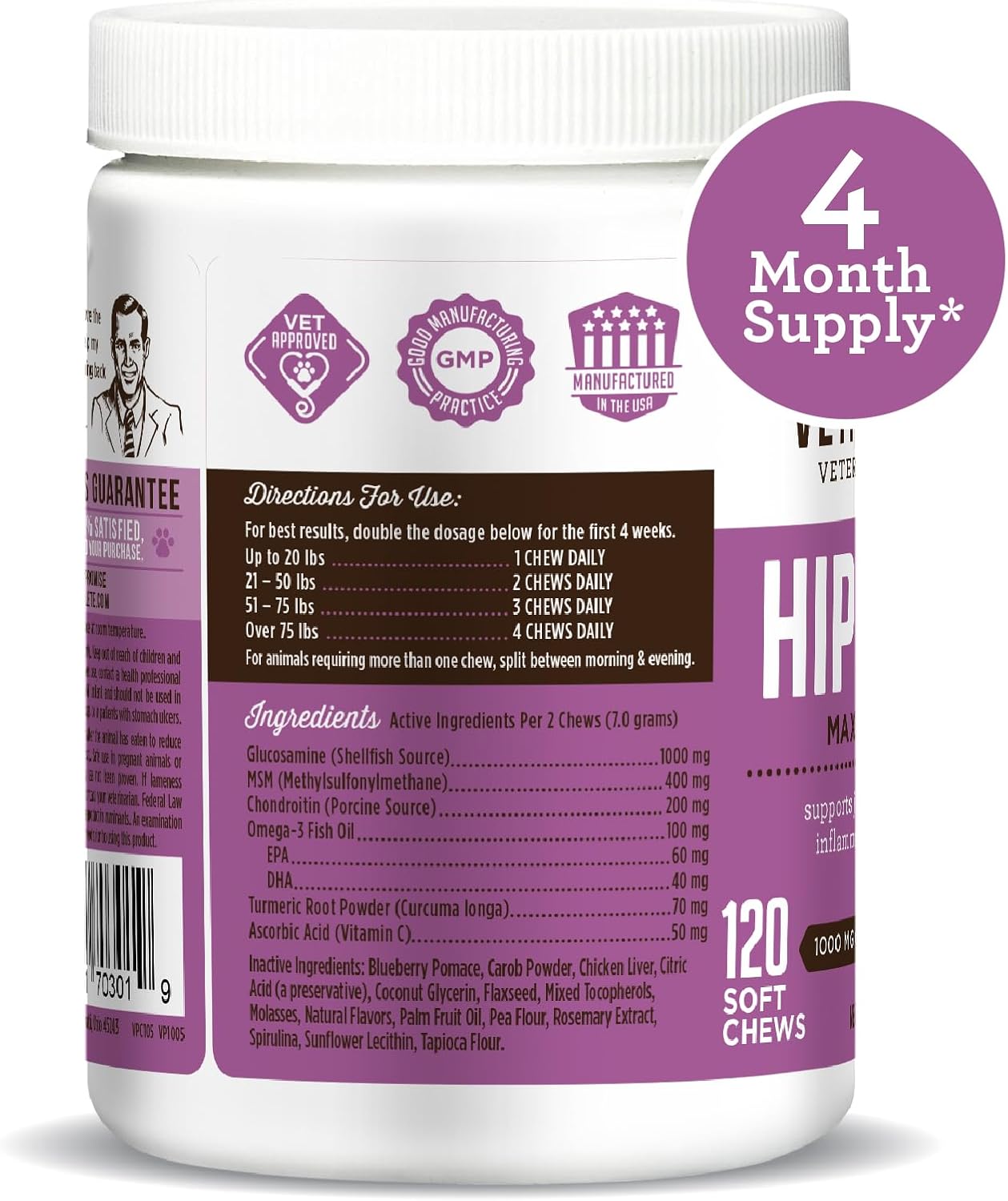 Dr. Joseph's VetPro Complete Dog Hip & Joint Wellness Supplement – High-Strength Glucosamine, MSM, Omega & Chondroitin Chews and Breeds – Vet Formulated Chicken Dog Treat - 120 Count