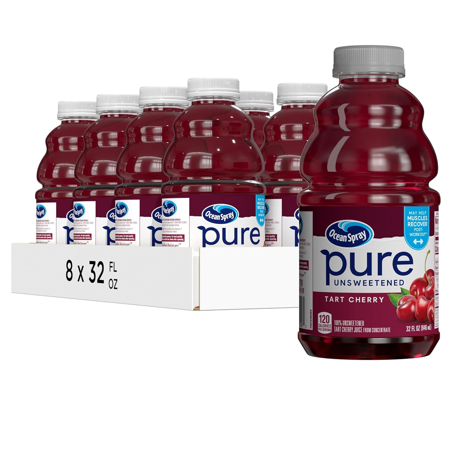 Ocean Spray® Pure Unsweetened Cranberry, 100% Cranberry Juice From Concentrate, 32 Fl Oz Bottle (Pack of 8)
