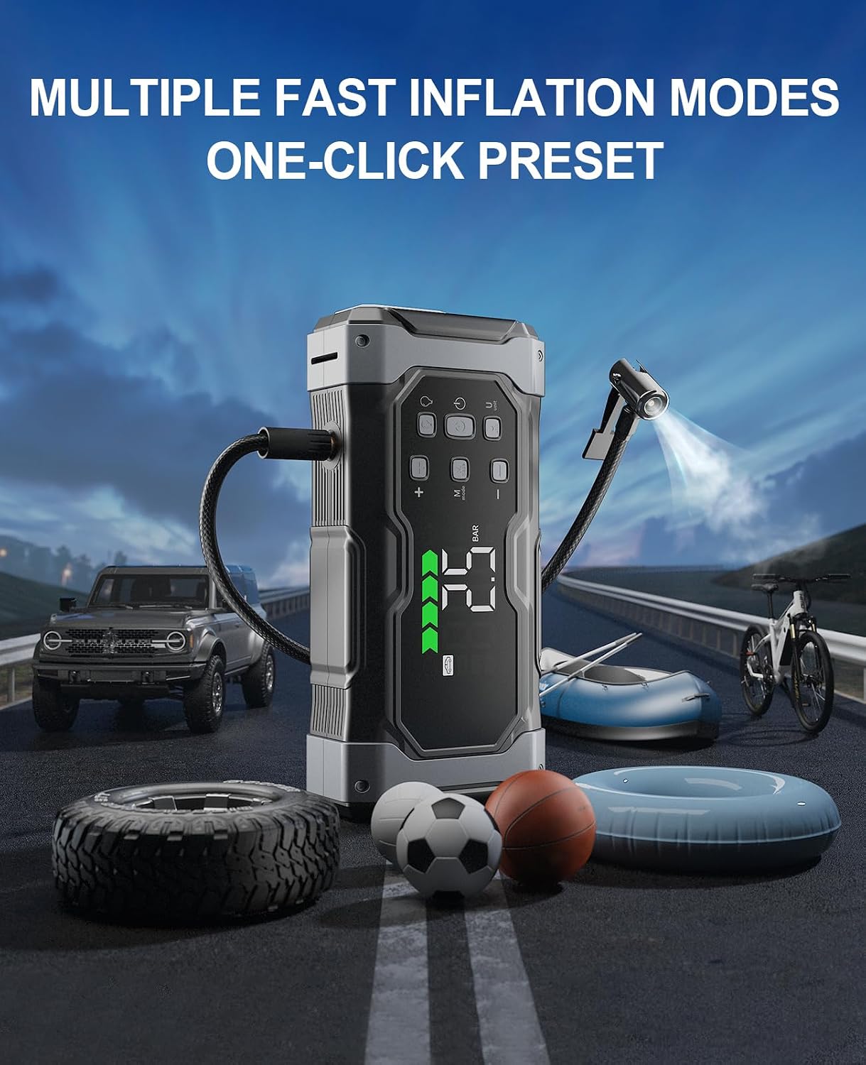 All-Around 9000A Jump Starter with 150PSI Air Compressor/Deflator, 12V Portable Car Booster (All Gas/14L Diesel), 9-in-1 Power Pack with Real-Time LCD