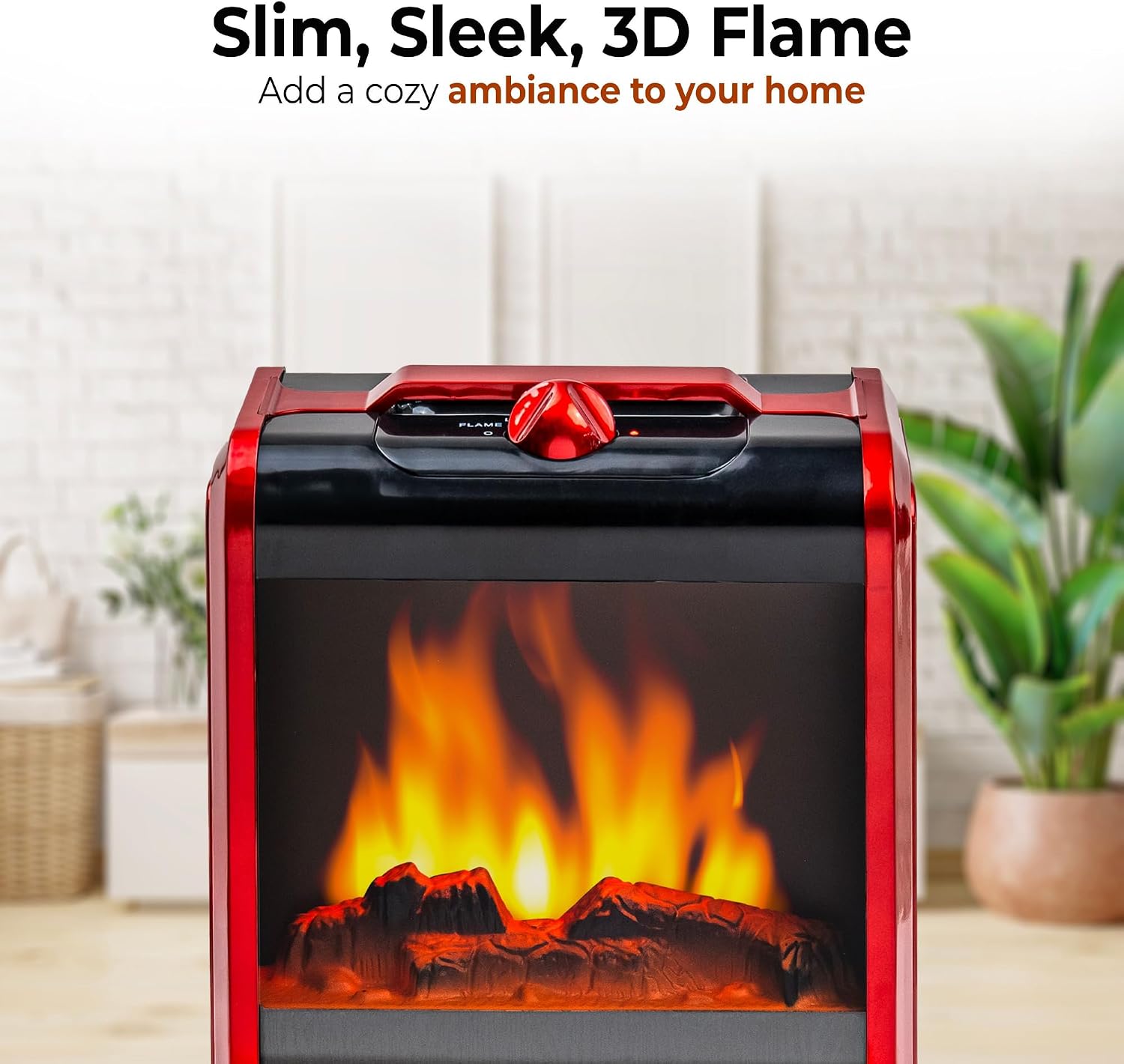 Comfort Zone Electric Mini Fireplace Space Heater with Realistic 3D Flame, Stay-Cool Body, Carry Handle, Overheat Sensor, and Safety Tip-Over Switch, Ideal for Home, Bedroom, & Office, 1,200W, CZFP1