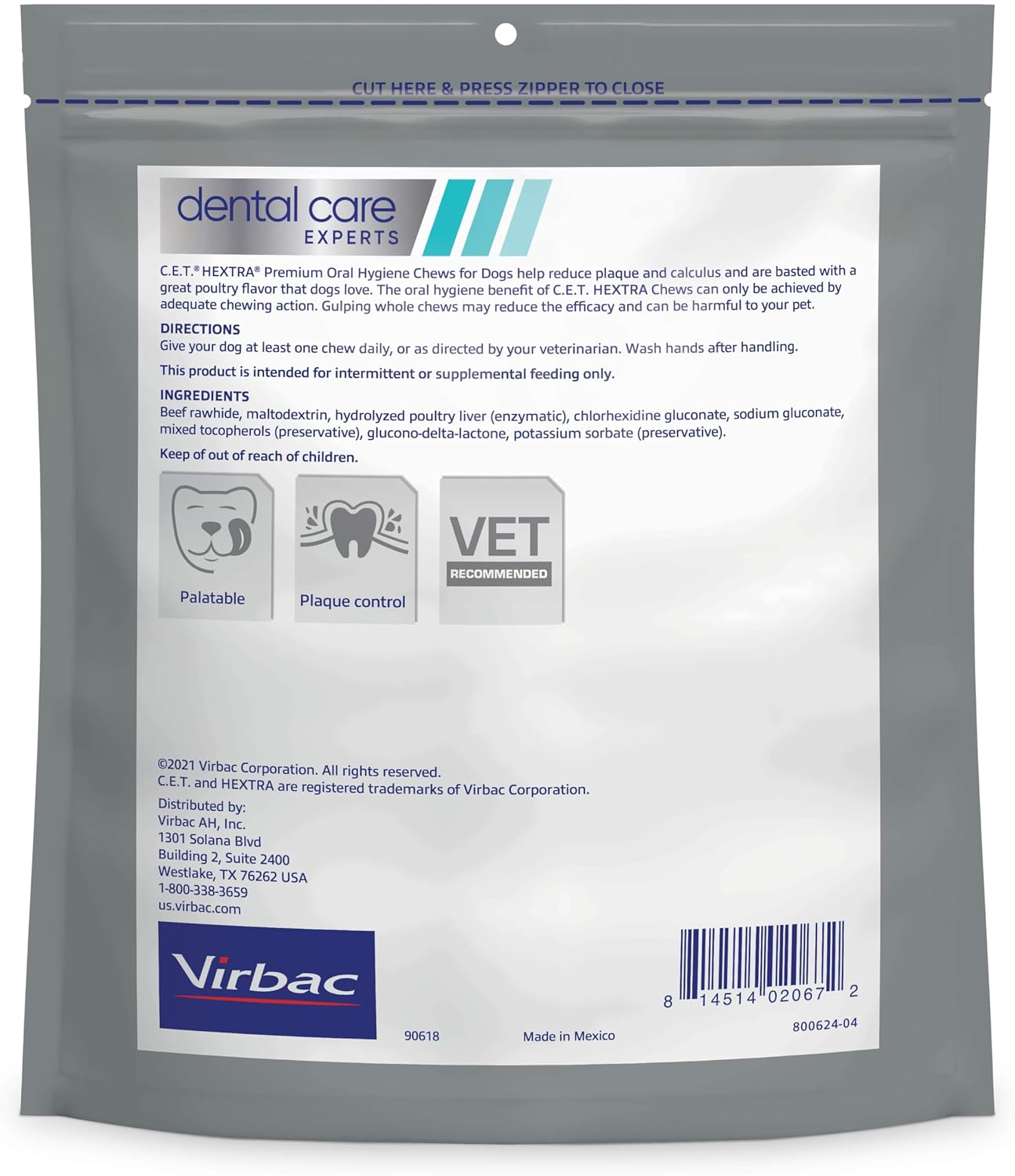 Virbac C.E.T. Hextra Premium Oral Hygiene Chews for Dogs, Large | Rawhide dog dental chews, long lasting dog chews, beefhide rawhide chews reduces plaque and tartar