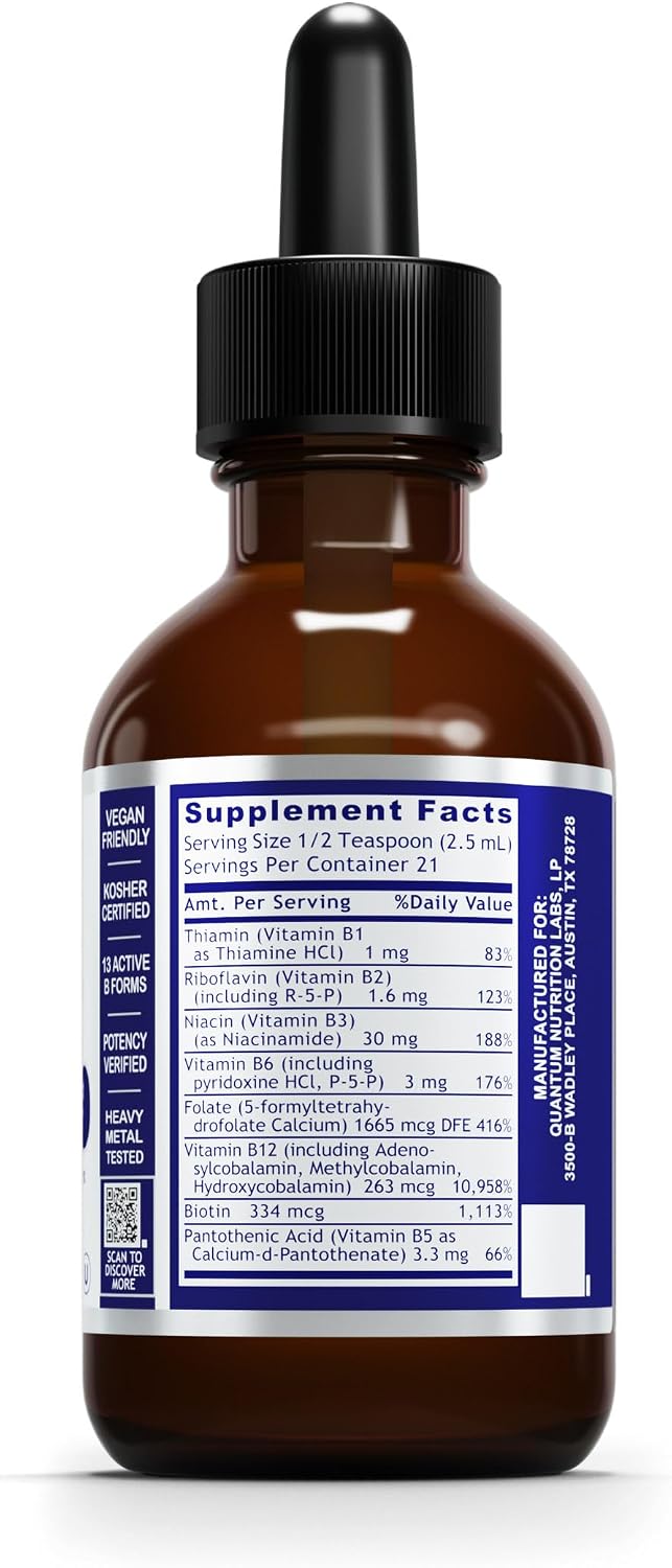 Quantum Nutrition Labs Max Energy B - Vitamin B Complex Liquid Drops, Organic Supplement for Women and Men, Vitamin B1, B2, B3, B5, B6, B12 - 2 Fl Oz