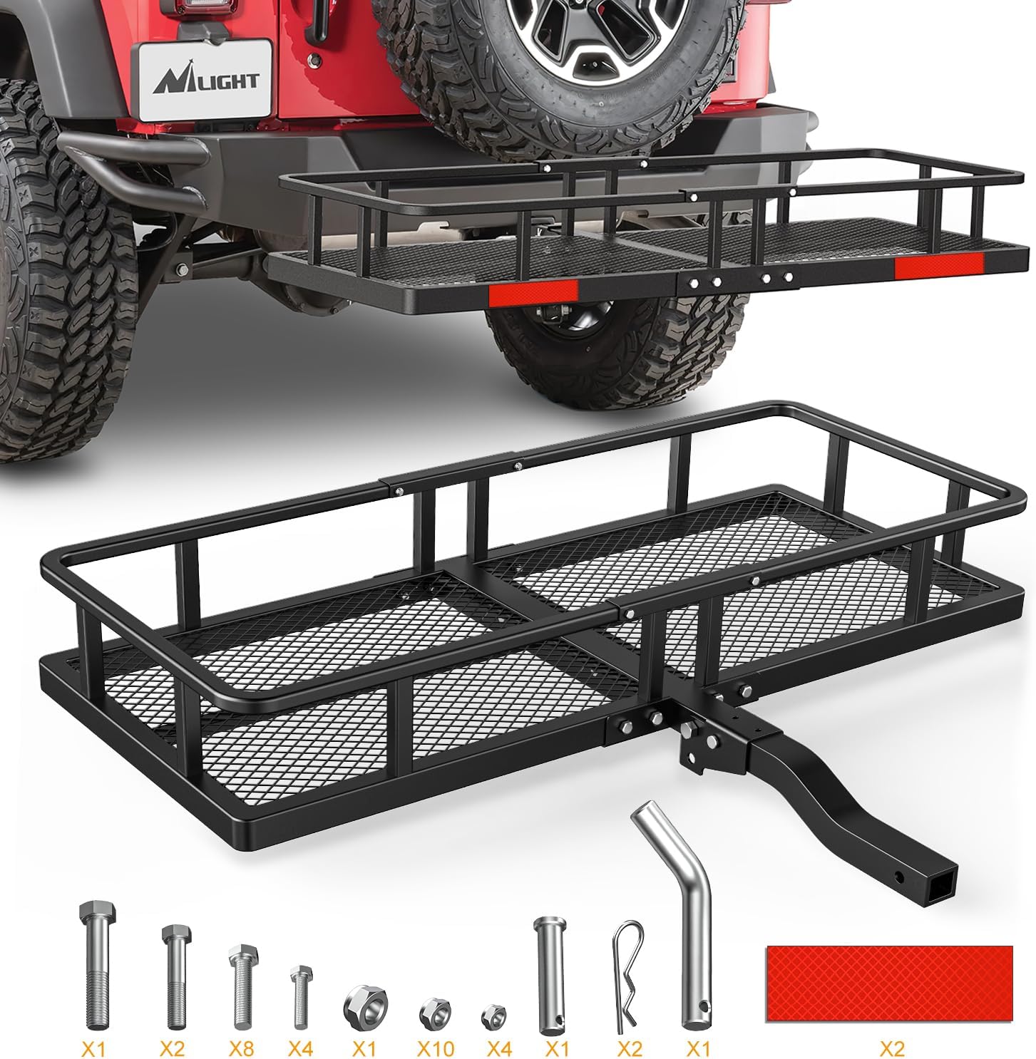 Nilight 32”×26”×4” RV Bumper Mounted Cargo Rack Carrier with Net Fits 4-inch or 4-1/2-inch Bumpers Heavy Duty Luggage Holder Basket for RV Camping Traveling Capacity 350LBS