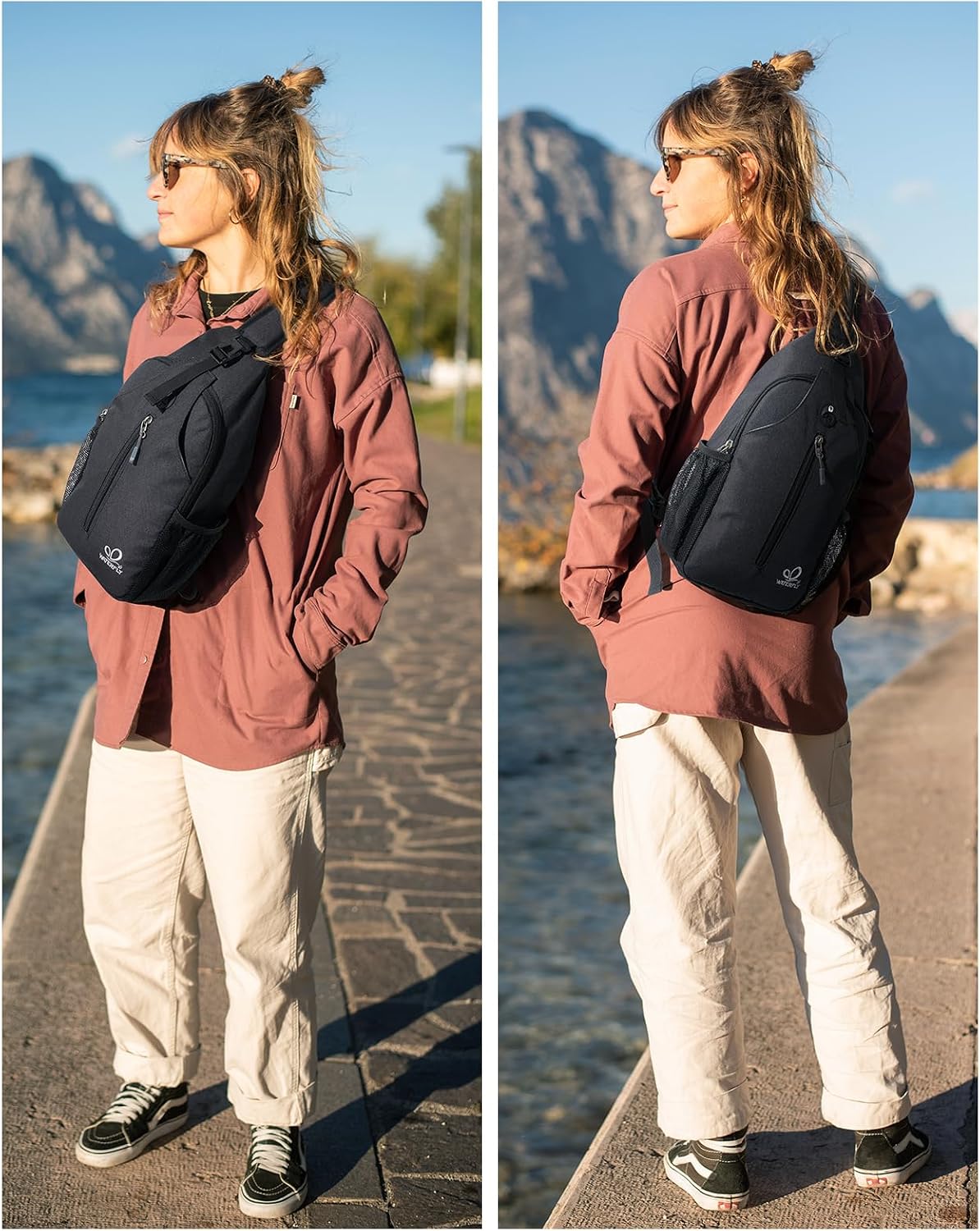 WATERFLY Crossbody Sling Backpack Sling Bag Travel Hiking Chest Bag Daypack (Black) | Small Hiking bag,Multi-compartment storage,Water-resistant,Breathable back pad,Reversible adjustable shoulder strap