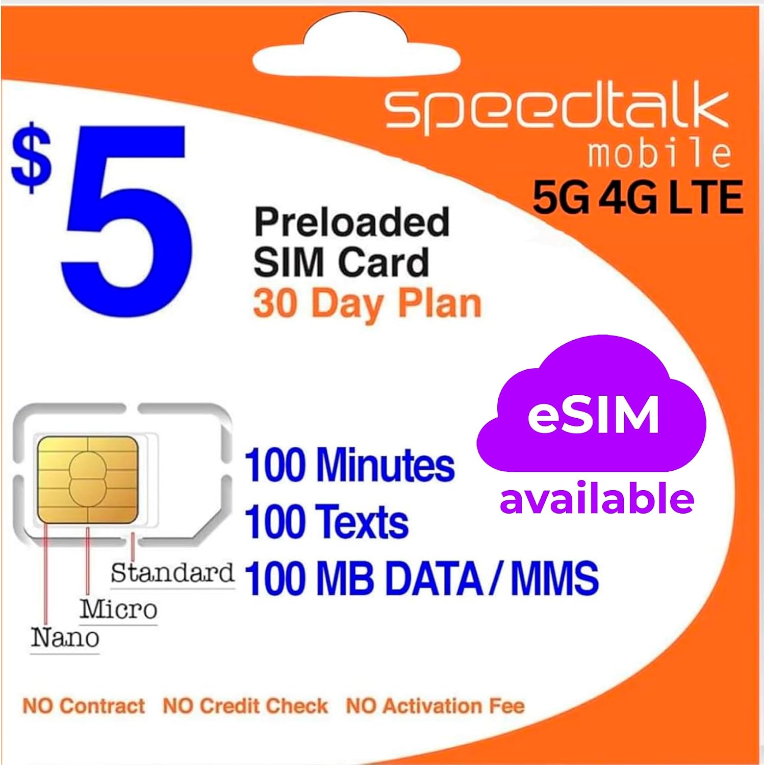 $5 Prepaid SIM Card – Top Value Plan for Smartphones & Cellphones | 100 Minutes, 100 Texts, 100MB Data | 5G/4G LTE | Triple-Cut (Mini, Micro, Nano) | No Contract – 30-Day Service