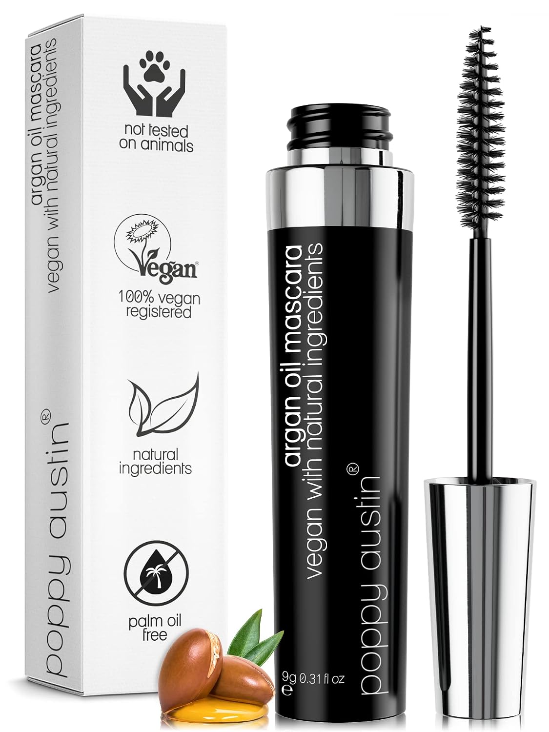 Poppy Austin Organic Mascara Black, Hypoallergenic, Waterproof, 0.31 Fl Oz