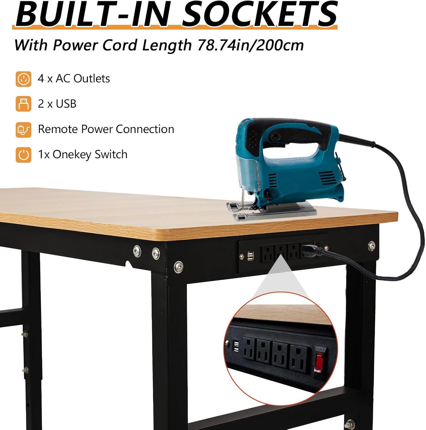 48'' Adjustable Workbench with Power Outlet, Work Table for Garage, 2000 Lbs Capacity Hardwood Workbench