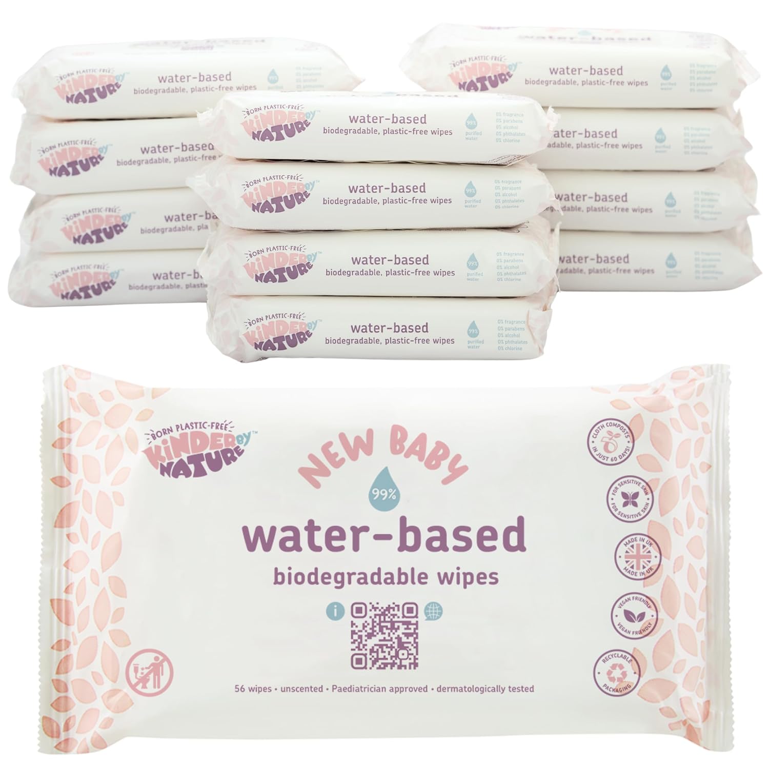 Kinder by Nature Water-Based Baby Wipes - 672 Count (12 packs of 56) -Unscented and Hypoallergenic - 99% water - 100% biodegradable - Plastic-Free