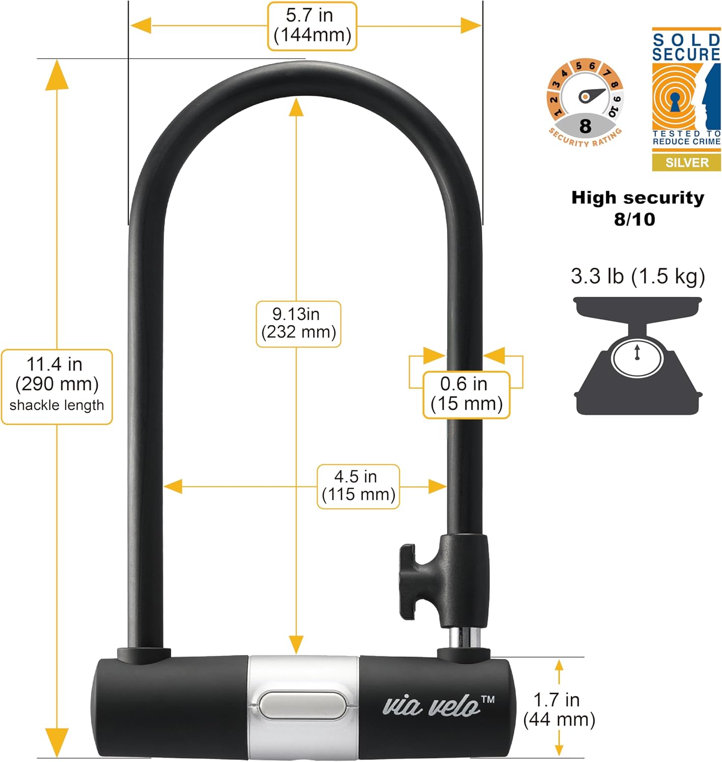 Bike U Lock with Cable - Via Velo Heavy Duty Bicycle U-Lock,14mm Shackle and 10mm x1.8m Cable with Mounting Bracket for Road, Mountain, Electric & Folding Bike