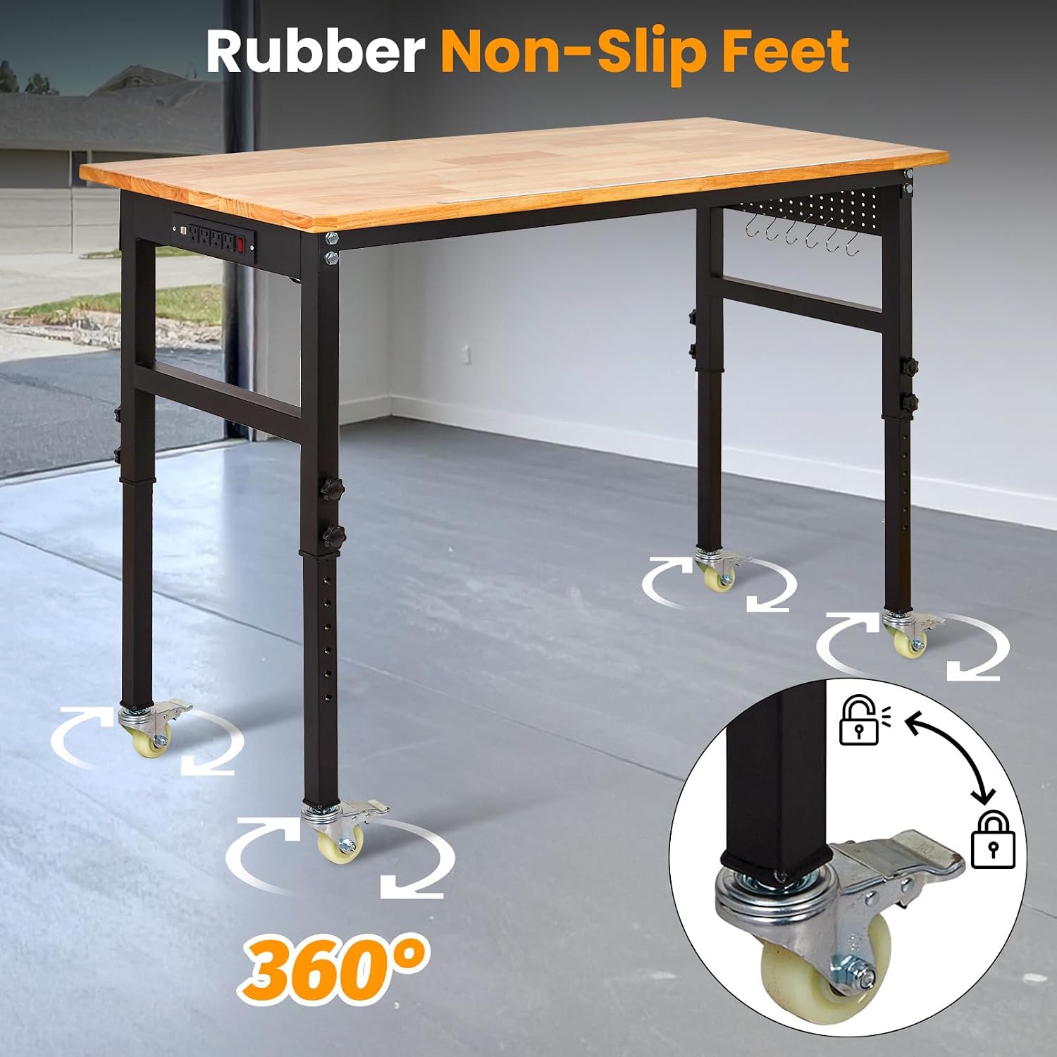 48" Adjustable Workbench, 8-Level Height Adjustable Rolling Work Table with Casters & Scale, Sit & Stand 2-in-1 Garage Tool Table with Pegboard & Hooks, for Workshop, Warehouse, DIY Projects