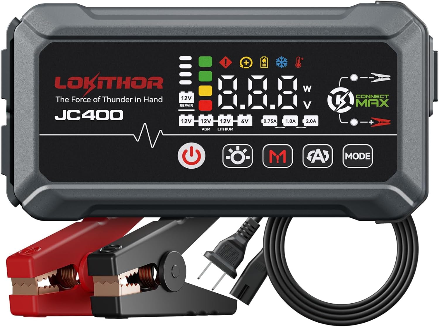 LOKITHOR JC400 2A Car Battery Charger and 2500A Jump Starter | 750mA/1A/2A, 6V/12V Automotive Battery Maintainer, Trickle Charger and Desulfator