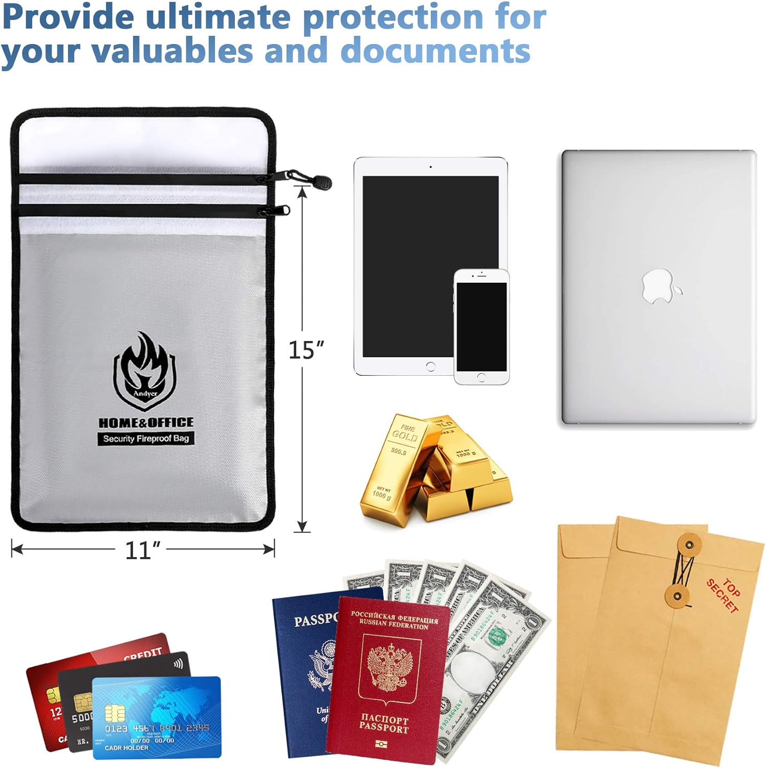 Andyer 2 Pockets Fireproof Document Bag (15"x11"), Protect Values from Fire
