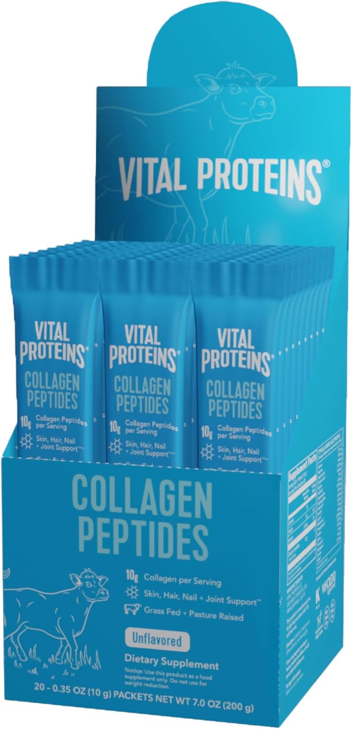Vital Proteins Collagen Peptides Powder, Unflavored Stick Packs, 20 Count | 10g Hydrolyzed Collagen Peptide Per Packet, Supports Hair Skin & Nails, Travel-Friendly Stick Packs, 20 Servings