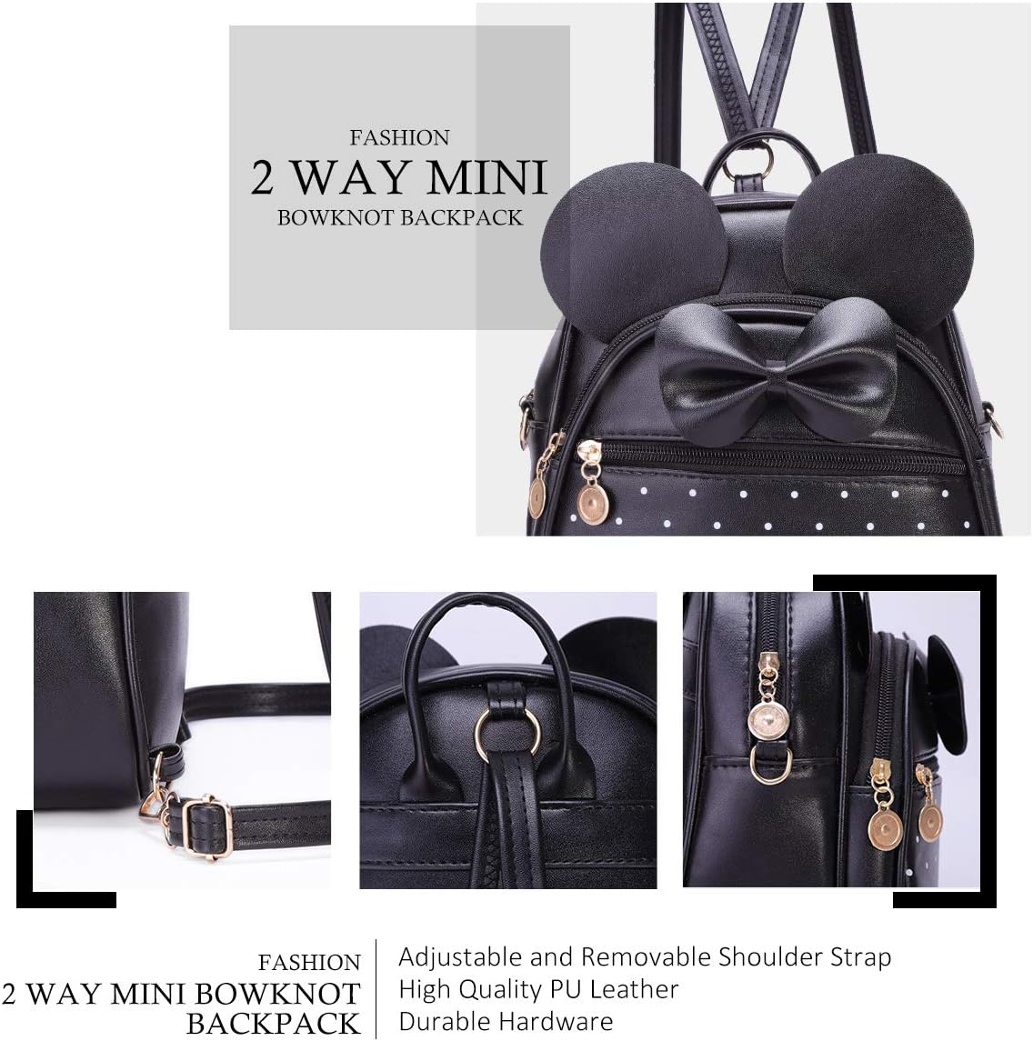 KL928 Girls Mini Backpack Bowknot Polka Dot Cute Small Daypacks Convertible Shoulder Bag Purse for Women