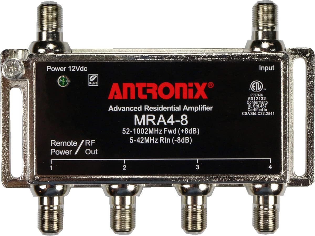 Antronix MRA4-8 Reliable Cable 4-Port TV/Antenna/HDTV/Internet Digital Signal Amplifier/Booster/Splitter with Passive Return, Black Coax Power Cable