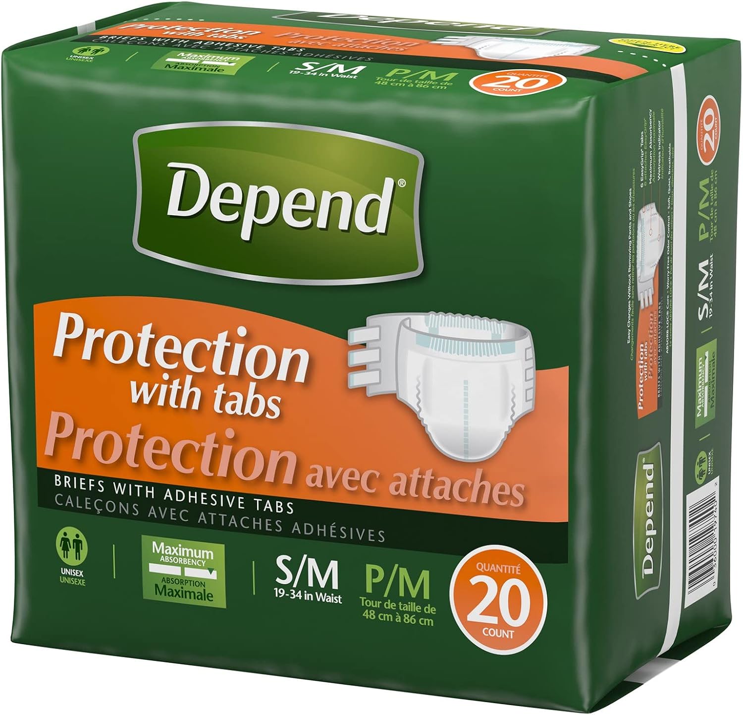 Depend Adult Diapers with Tabs, Incontinence Protection with Tabs, Unisex, Small/Medium (19–34" Waist, Up To 170 lbs), Maximum Absorbency, 60 Count (3 Packs of 20)
