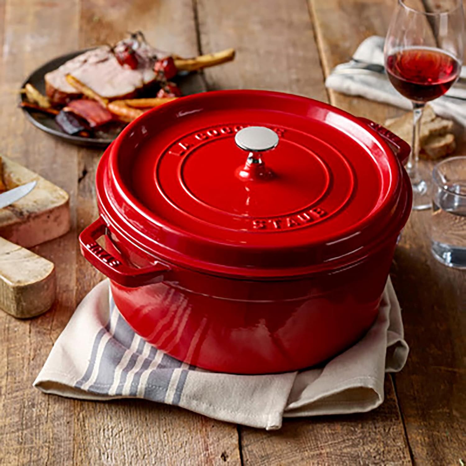 Staub Cast Iron Round Cocotte, Dutch Oven, 5.5-quart, serves 5-6, Made in France, Cherry