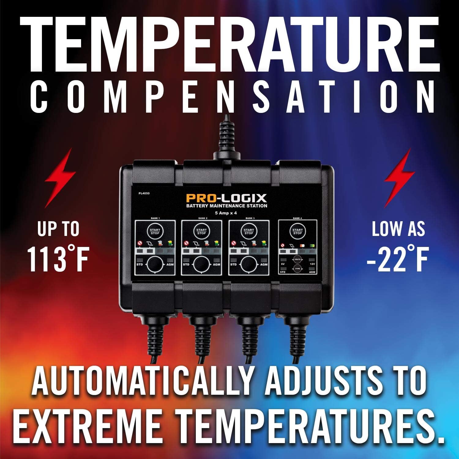 Clore Automotive PL4020, Pro-Logix 4-Bank, 8-Amp (2-Amp Per Bank) Fully Automatic Smart Charger, 12V Battery Charger, Battery Maintainer, Desulfator with Temperature Compensation, Black