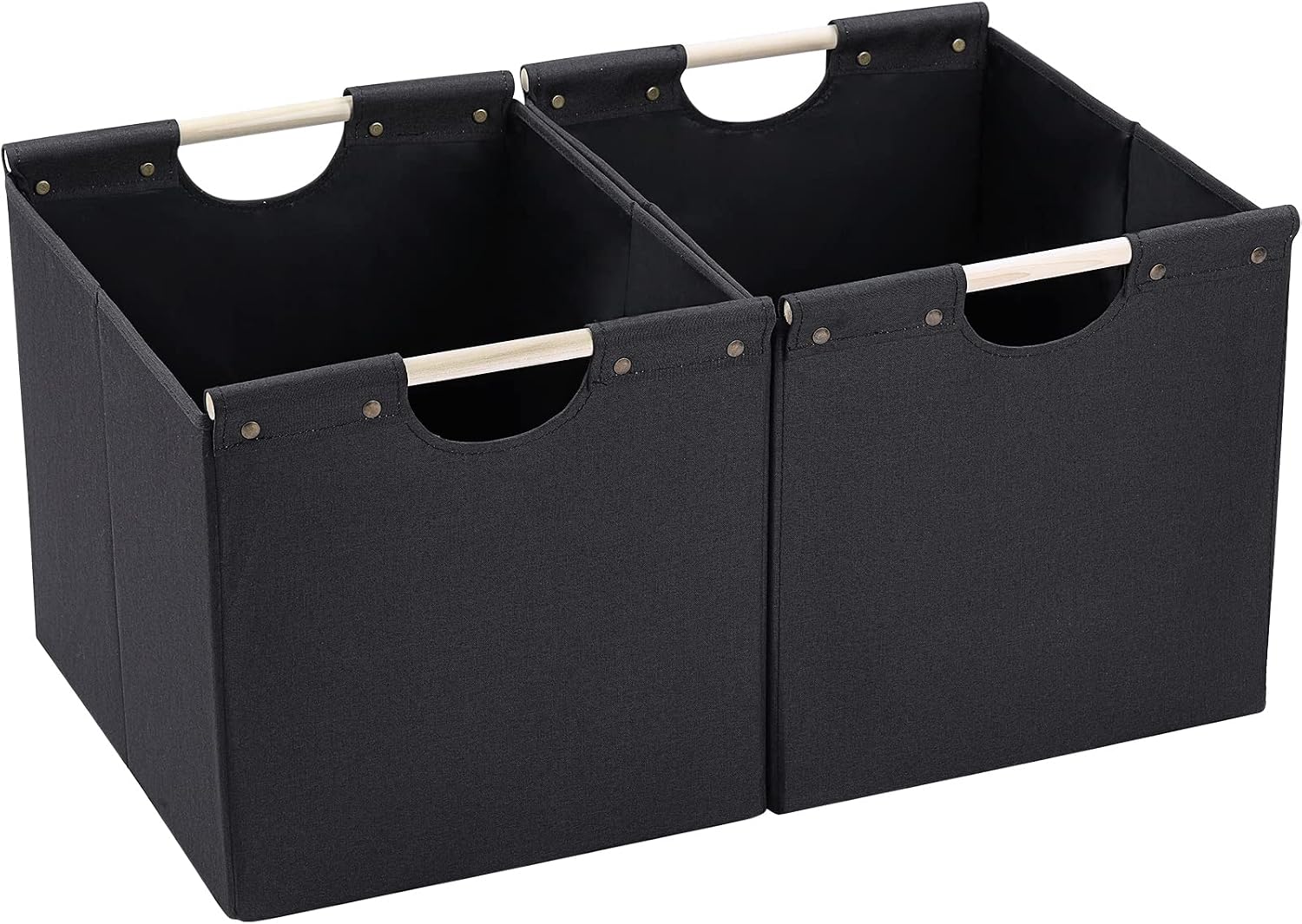 HOONEX Large Collapsible Storage Bins, Linen Fabric, 2 Pack, Storage Baskets with Wooden Carry Handles and Sturdy Heavy Cardboard, for Home, Office
