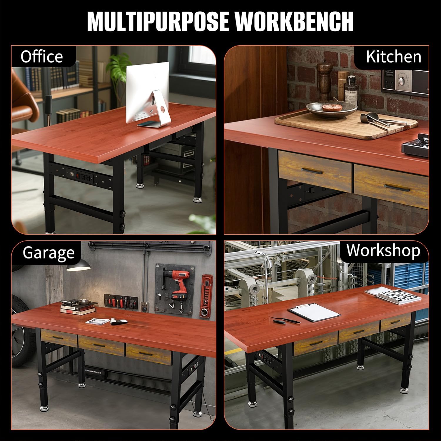 60in Adjustable Height Workbench Desk with Drawers,Power Outlets, Rubber Wood Top Heavy-Duty Work Table, 2000 LBS Load Capacity Work Station for Garage, Workshop, Office, Home