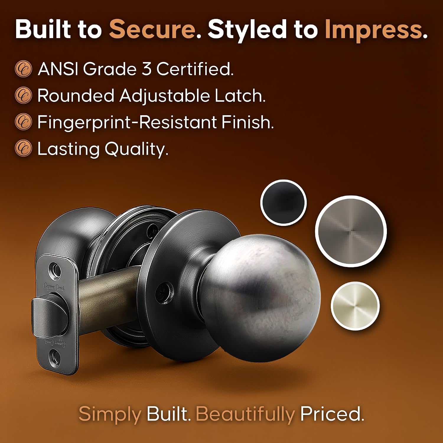 Copper Creek Privacy Interior Door Knob – ANSI Grade-3 Certified, Modern Heavy Duty Handle, Easy Install and Reversible for Bedroom, Bathroom & Closets – Satin Stainless (1 Pack)