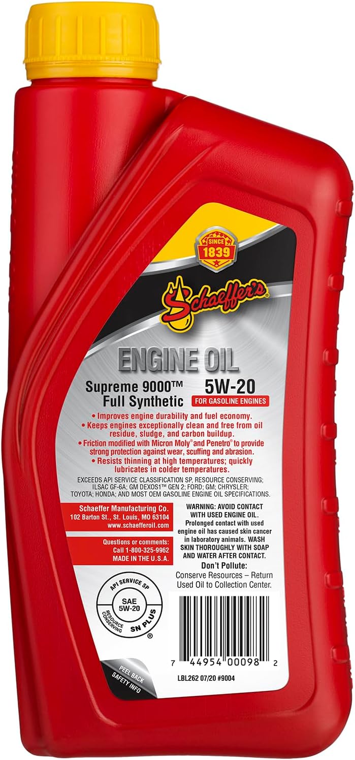 Schaeffer Manufacturing Co. 9005-012 Supreme 9000 Full Synthetic Gasoline Engine Oil 0W-20, 1-Quart Bottle (Pack of 12)
