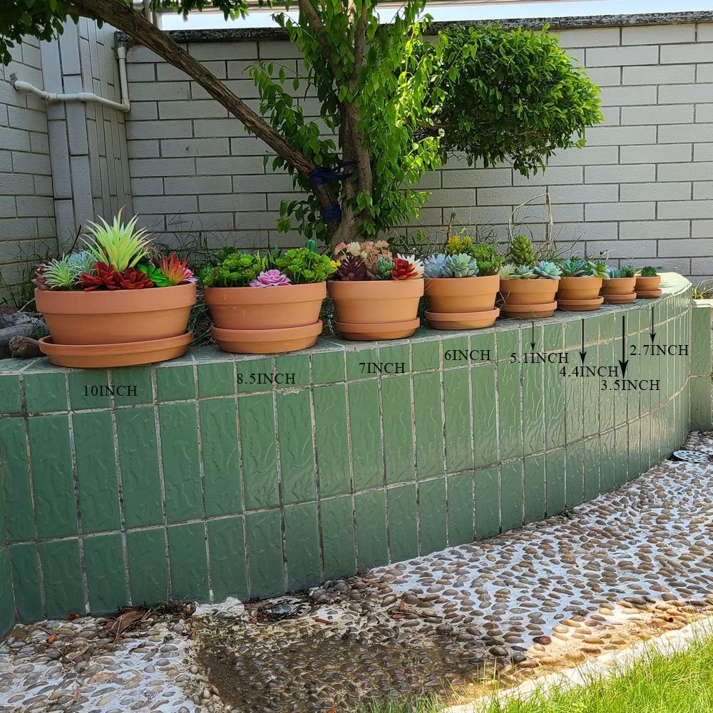 Yishang 6 Inch Terracotta Shallow Planters with Saucer/Tray, Ceramic Flower Clay Plant Pots with Drainage Hole