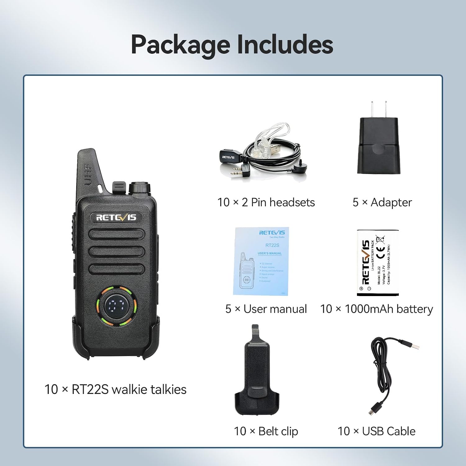 Retevis RT22S Walkie Talkies for Adults, 2 Way Radio with Earpiece(10 Pack) | For Daycare, Hospitality&Retail, Intuitive Channel Display
