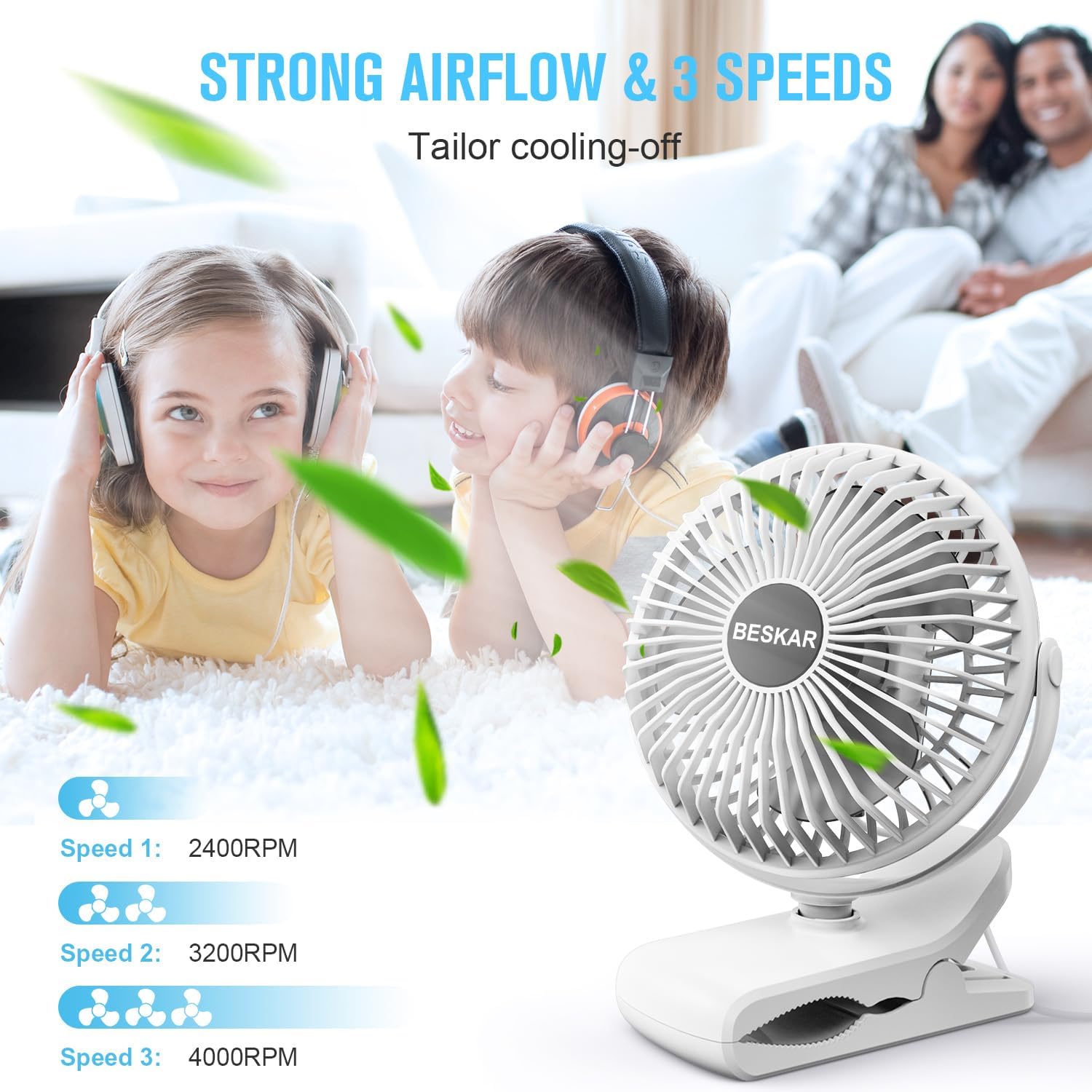 BESKAR USB Clip on Fan, Portable Small Desk Fan with Cord Powered