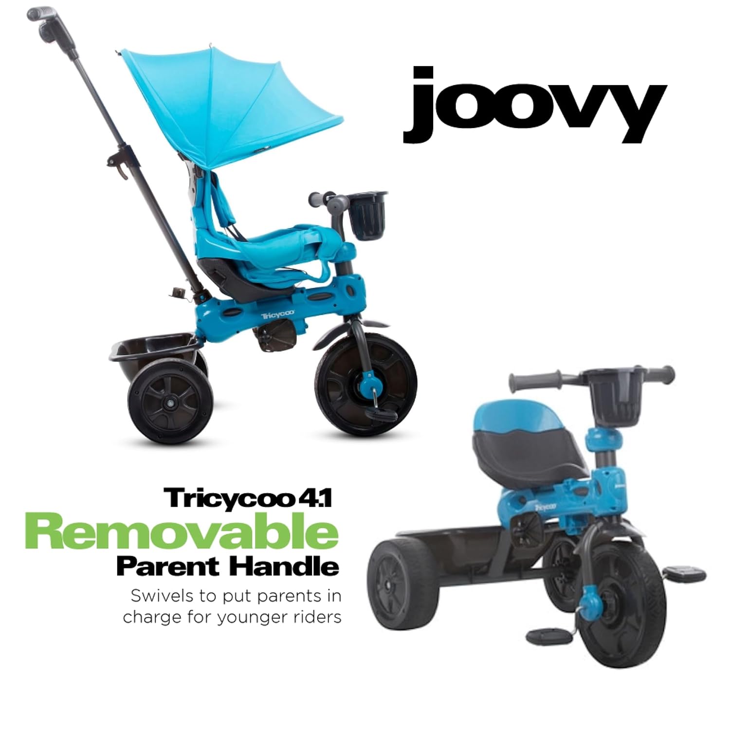 Joovy Tricycoo 4.1 Kids Tricycle with 4-Stages Featuring Extra-Wide Front Tire, Removable and Adjustable Parent Handle, Safety Harness