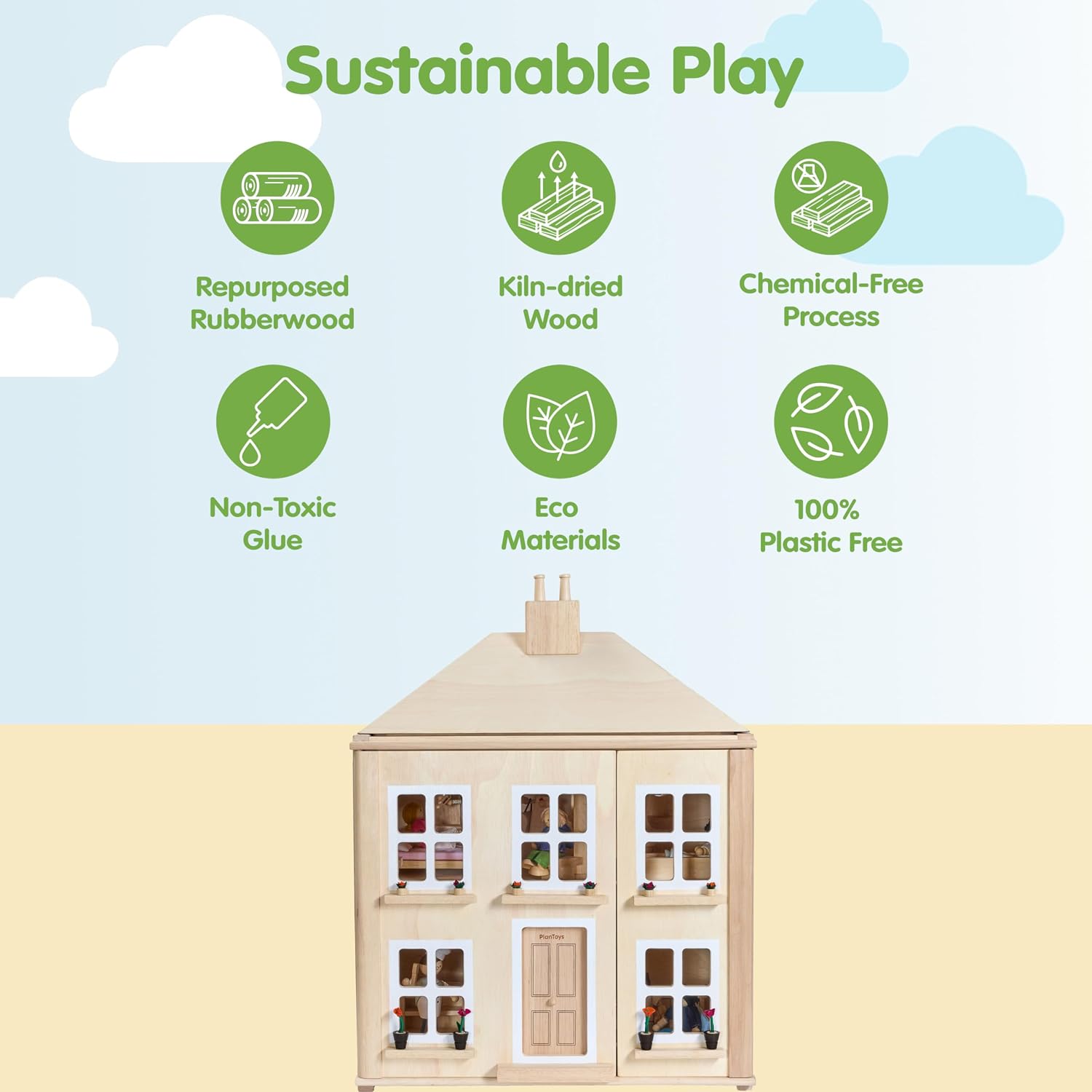 PlanToys® Green Wooden Dollhouse with Solar Panel, Wind Turbine & Furniture | recycling system, eco-friendly doll house, sustainable pretend play, kids, girls, environmental learning gift for boys