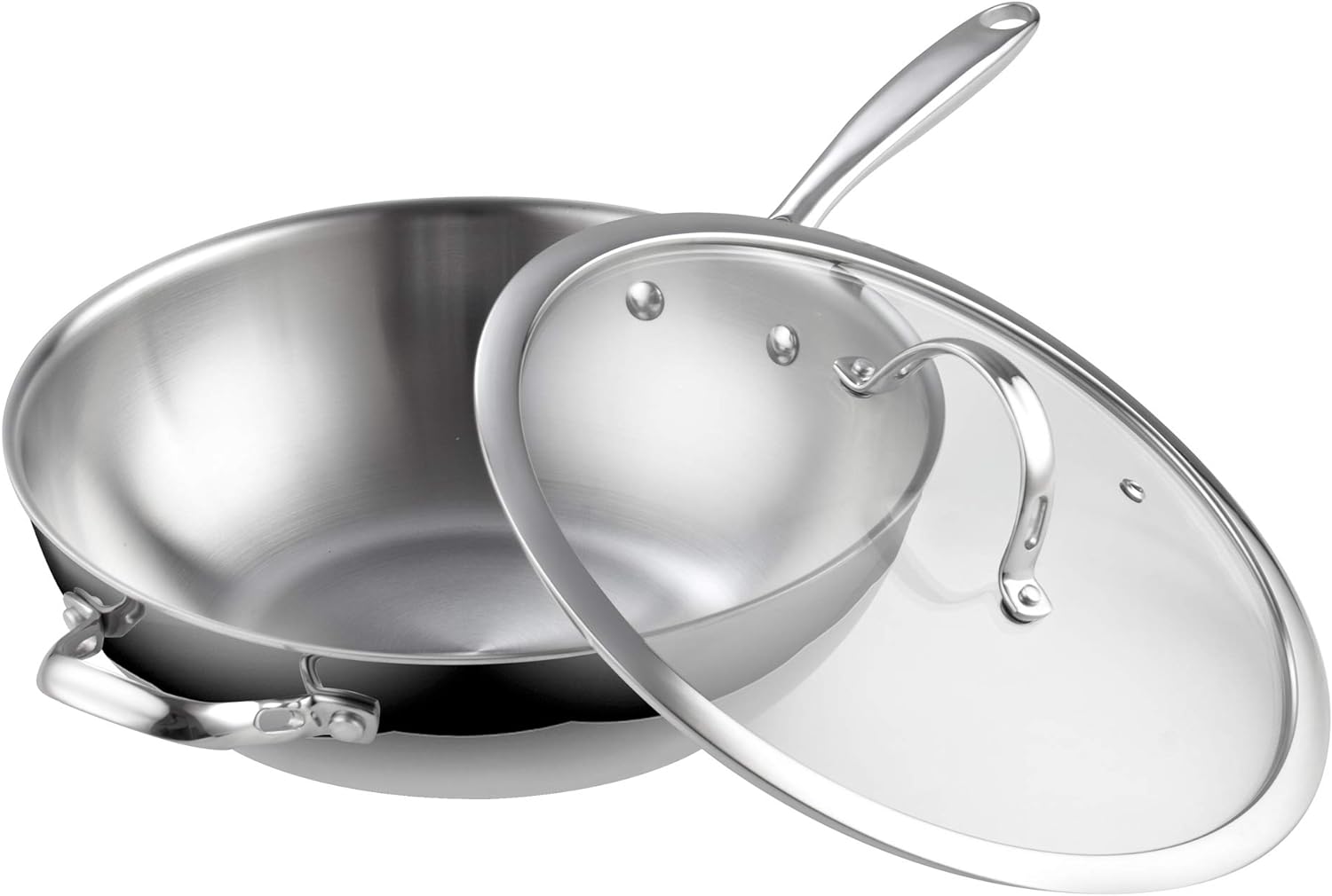 Cooks Standard Multi-Ply Clad 12 Inch Stainless Steel Wok Pan, Stir Fry Pan with Glass Lid, Induction Cookware, Dishwasher & Oven Safe, Compatible with All Cooktops