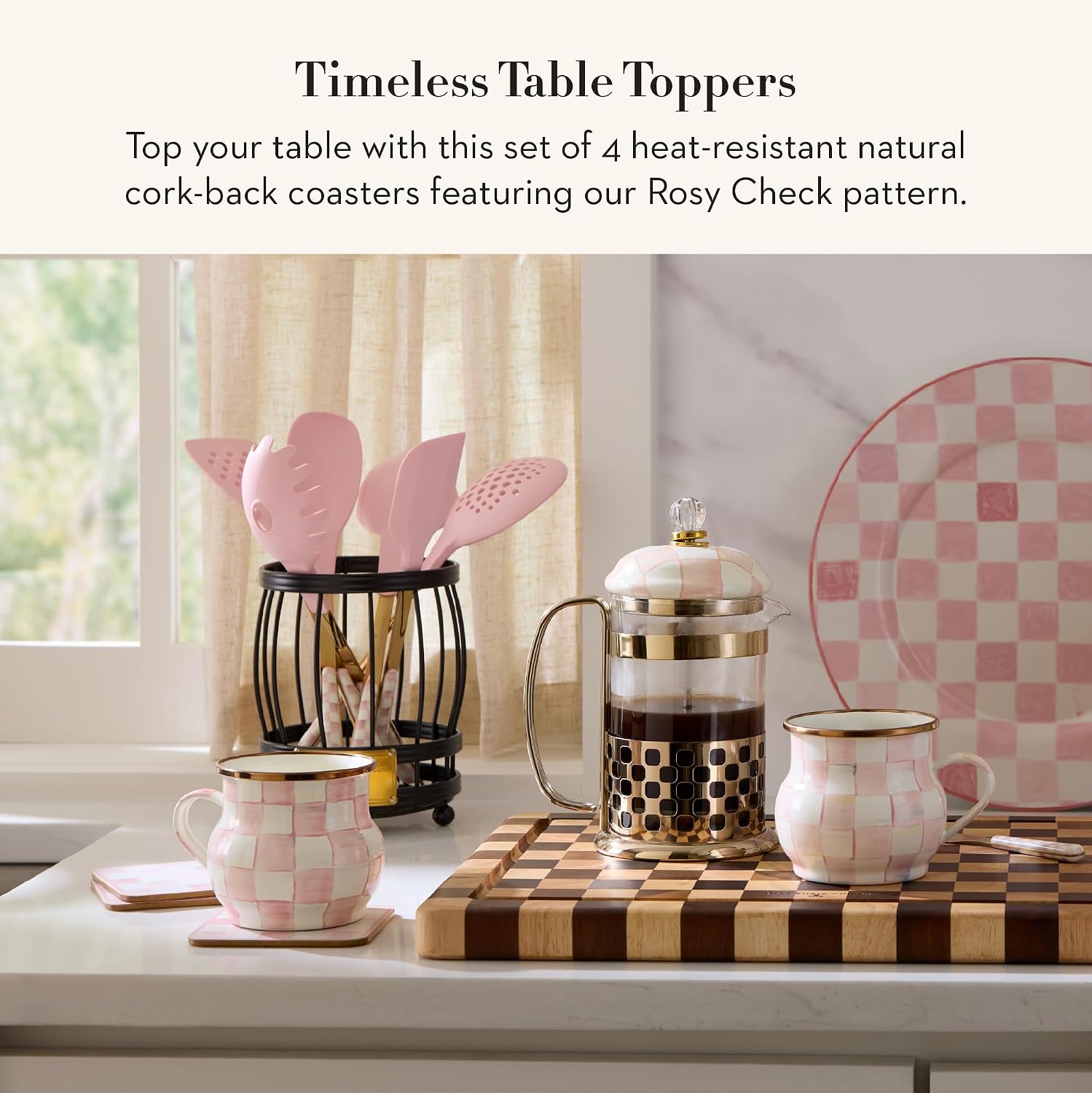 MACKENZIE-CHILDS Square Coasters Set, Black-and-White Courtly Check | Hand-painted design, made from MDF with a cork back, table coasters for drinks, 4" square, set of 4