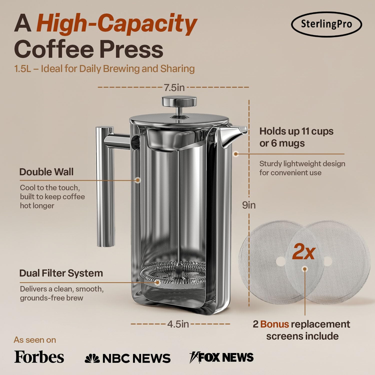 SterlingPro Large Insulated Stainless Steel French Press Coffee Maker 51oz Capacity (44 oz Brew Yield) – Double Wall Metal Coffee Press | Plastic Free | Cool-Touch | Mirror Finish | 12 Cups / 6 Mugs