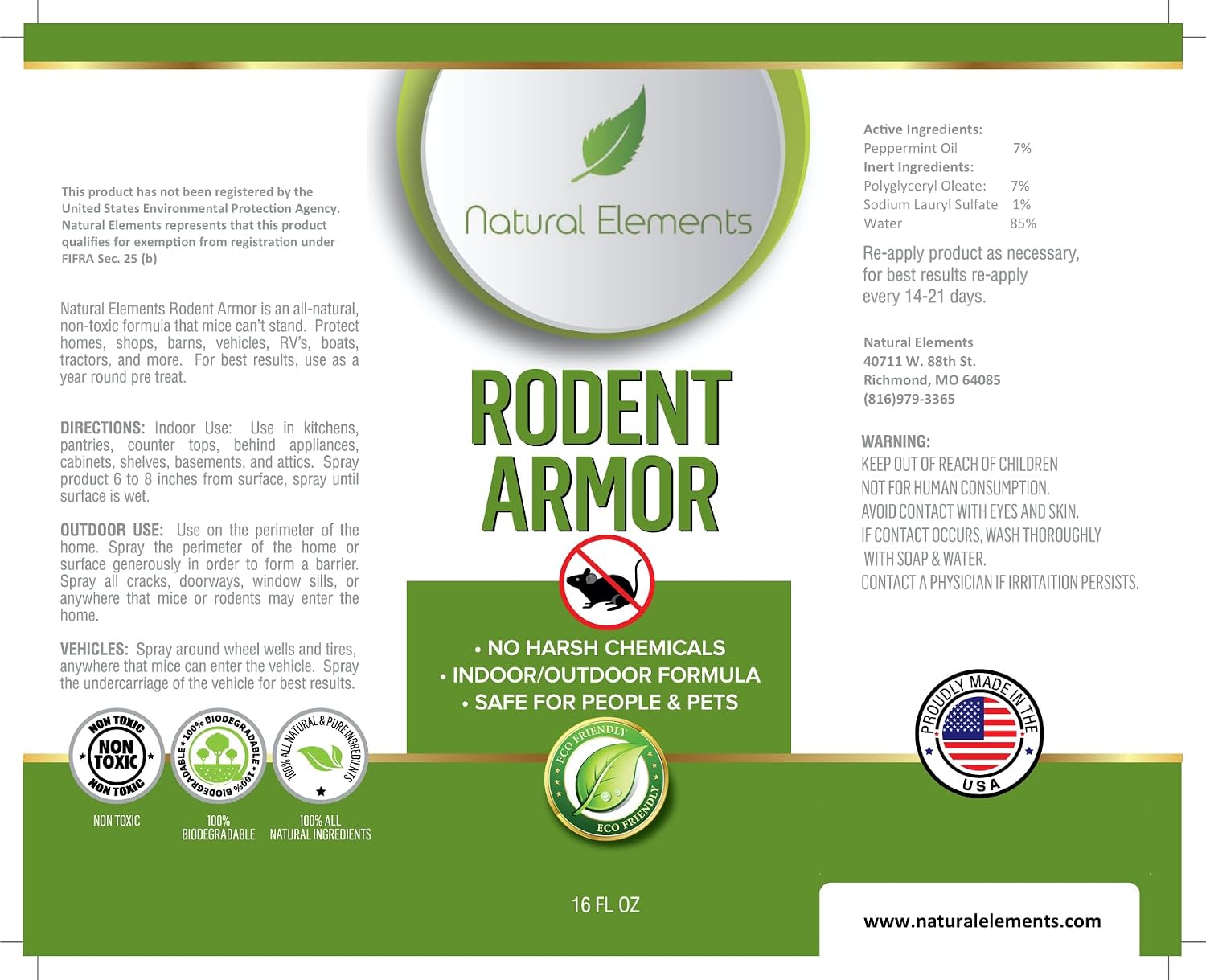 Natural Elements Rodent Armor – Peppermint Oil Rodent Repellent Spray for Vehicles, RVs, Boats & Equipment – 16 oz