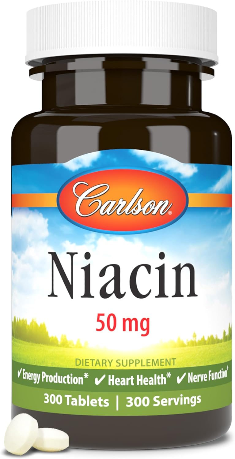 Carlson Niacin, 50 mg, Cholesterol Metabolism, Nerve Function, 300 Tablets | Energy Production