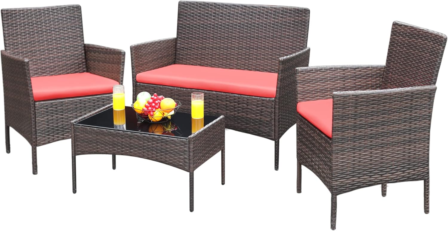 Greesum Patio Furniture 4 Pieces Conversation Sets,Brown and Beige