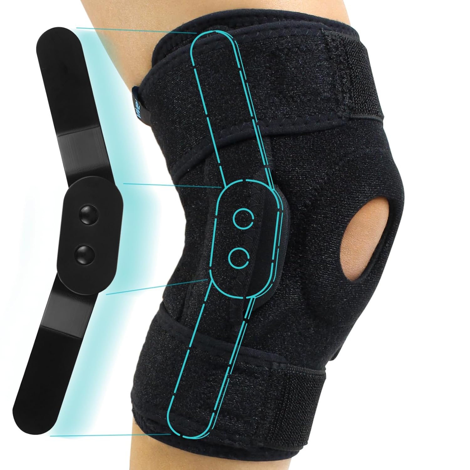 Vive Hinged Knee Brace - Relieves ACL, MCL, Meniscus Tear - Lightweight, Comfortable, Breathable Open Patella Wrap with Side Stabilizers - for Women & Men - Adjustable Strap for Tendonitis | Comfortable, Breathable Open Patella Wrap with Side Stabilizers…
