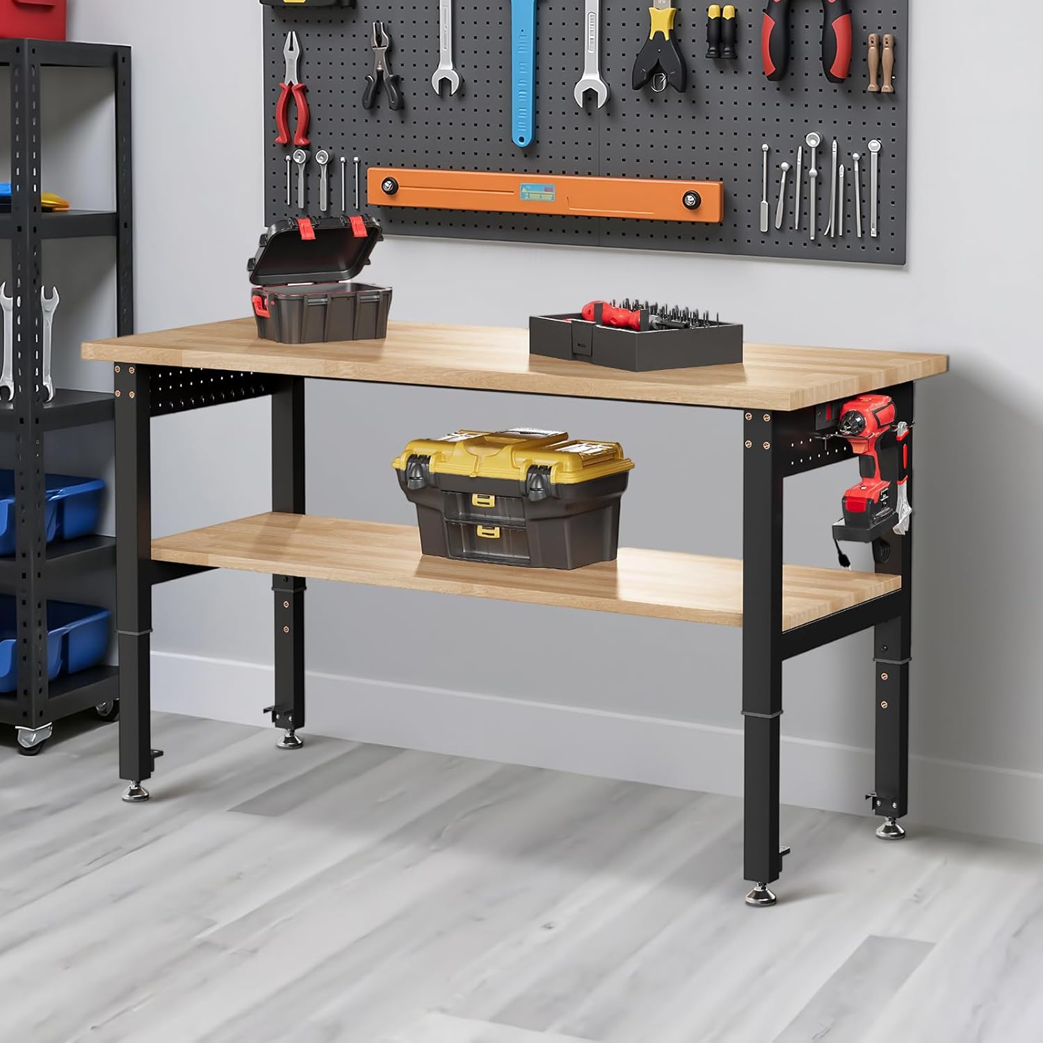 Albott 48" Adjustable 2-Tier Workbench with Solid Wood Top, Max 2500lbs Capacity, Built-in Power Strip with 4 AC Outlets & 2 USB Ports