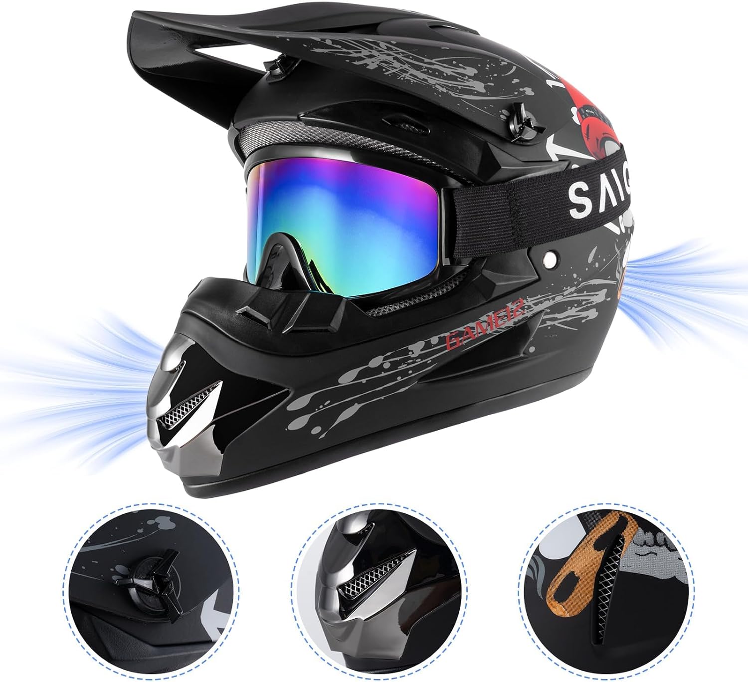 Youth Kids Dirt Bike Motocross Helmet (Goggles Gloves Face Mask) 4PCS Set, DOT Approved Full Face Motorcycle Helmets