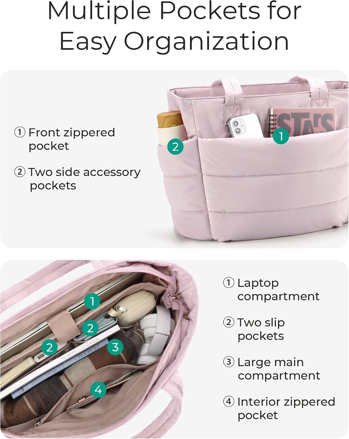 BAGSMART Tote Bag for Women, Lightweight Puffy Tote Bag with Compartments Shoulder Bag Handbag for Travel, Work, Gym | Lightweight