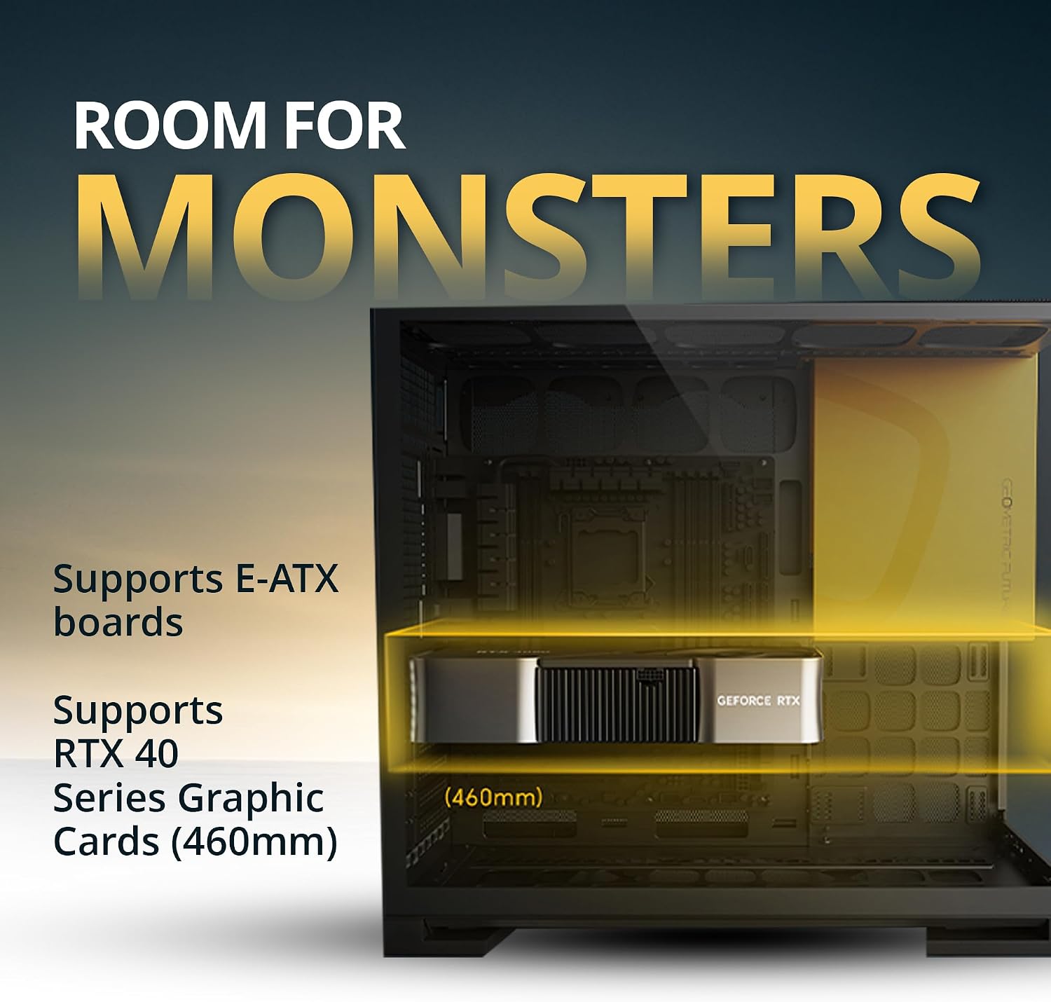 Geometric Future M5 Tempered Glass Mid Tower, E-ATX/ATX Gaming Case, 1.2mm Steel, Type C, Toolless Panels, Support 420/360 Radiator, ARGB PWM 140m Fan x 5 Pre-Installed, Black/Yellow, GEO-M5F-BY